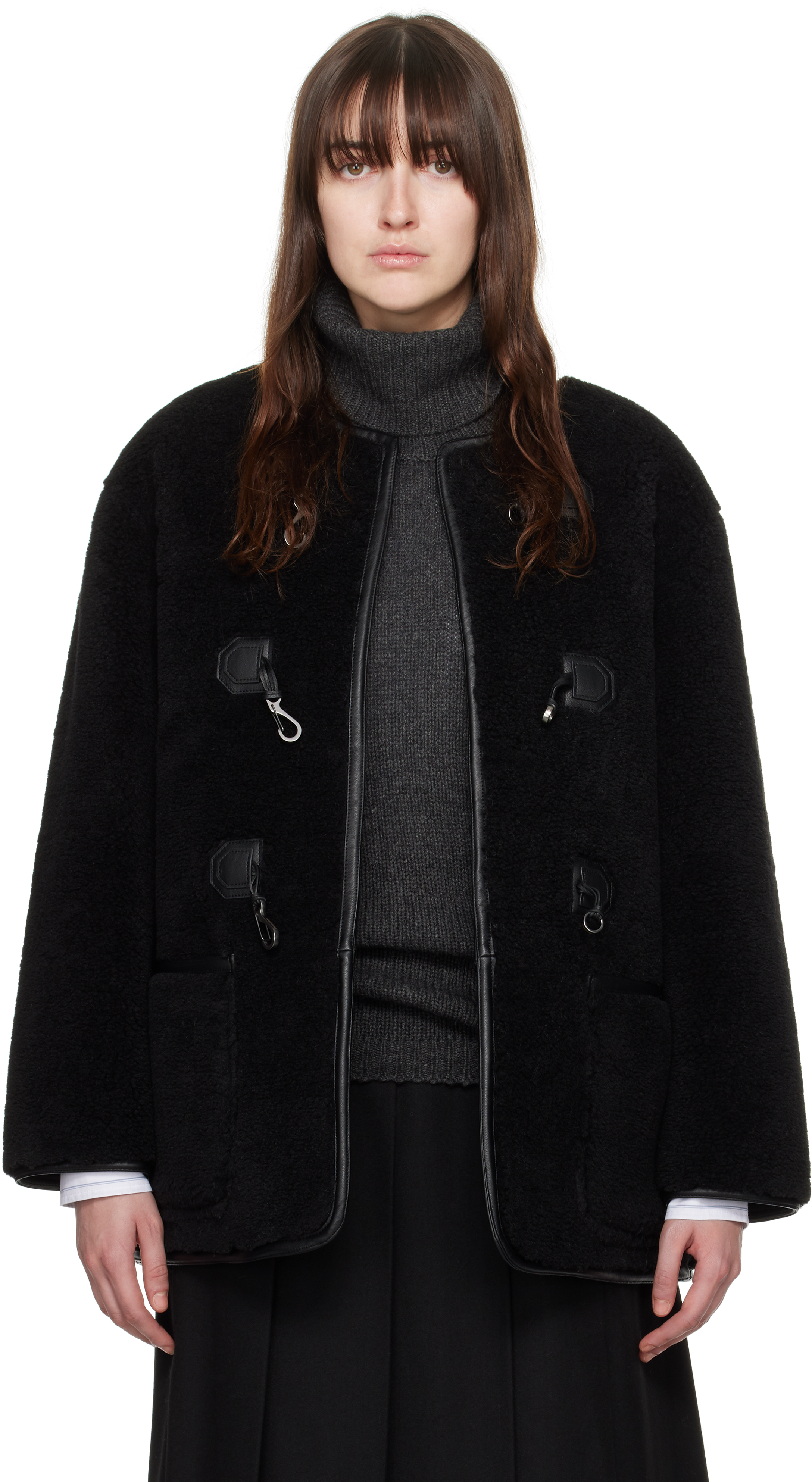 DUNST BLACK COLLARLESS BUCKLED FAUX-SHEARLING JACKET 