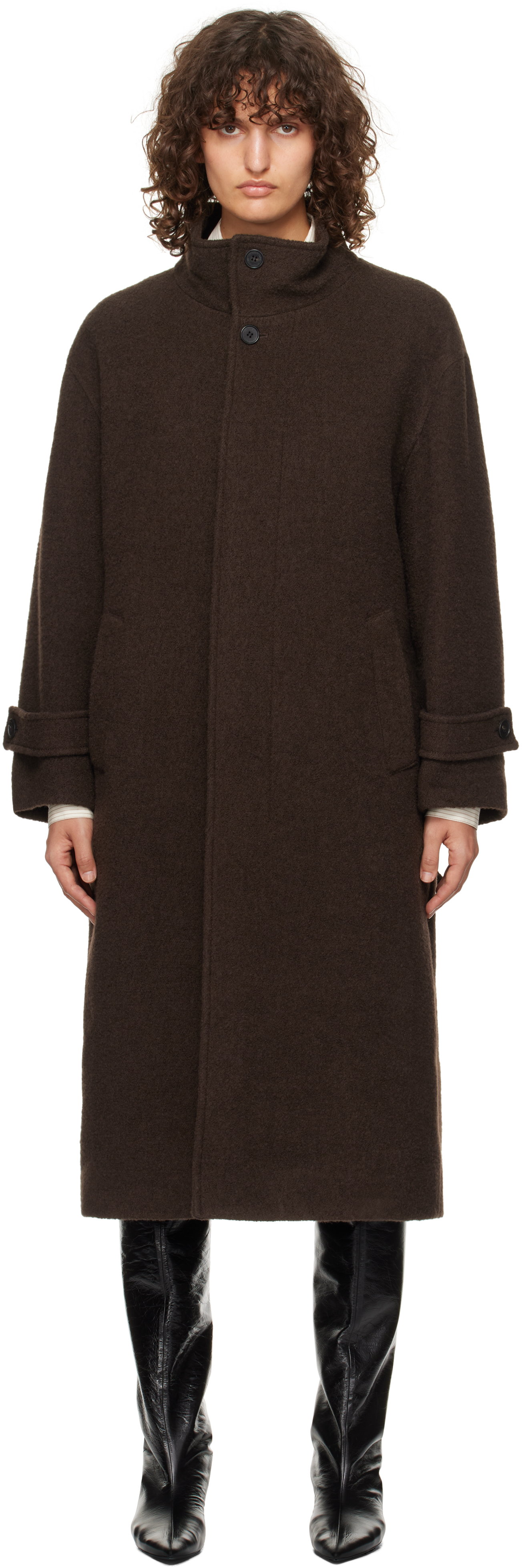 Dunst Brown Stand Collared Wool Coat In Dark Brown