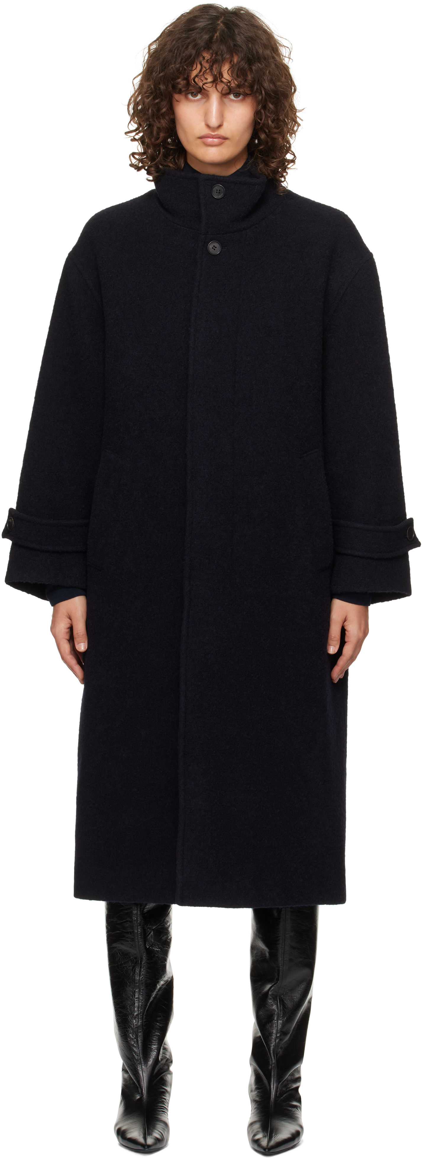 Dunst Navy Stand Collared Wool Coat