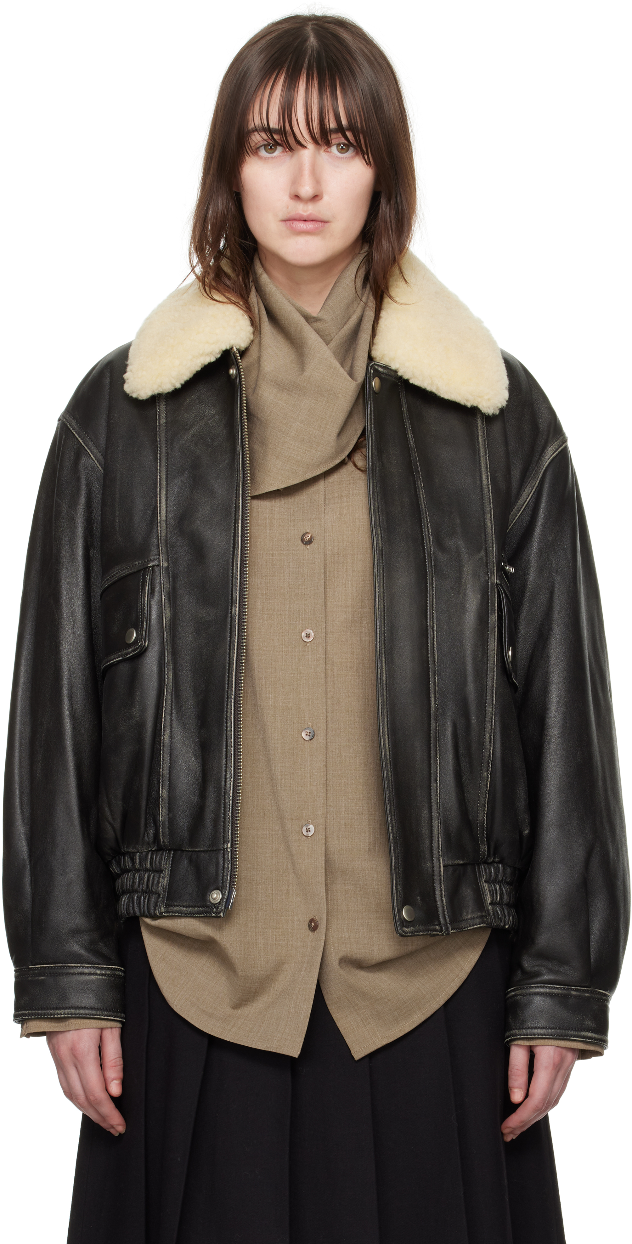 Black Aviator Leather Bomber Jacket