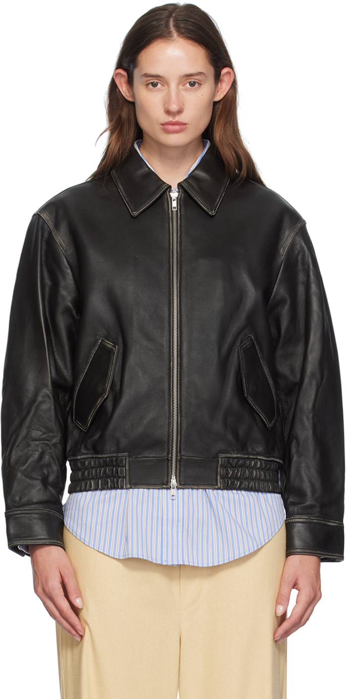 Black Spread Collar Leather Jacket