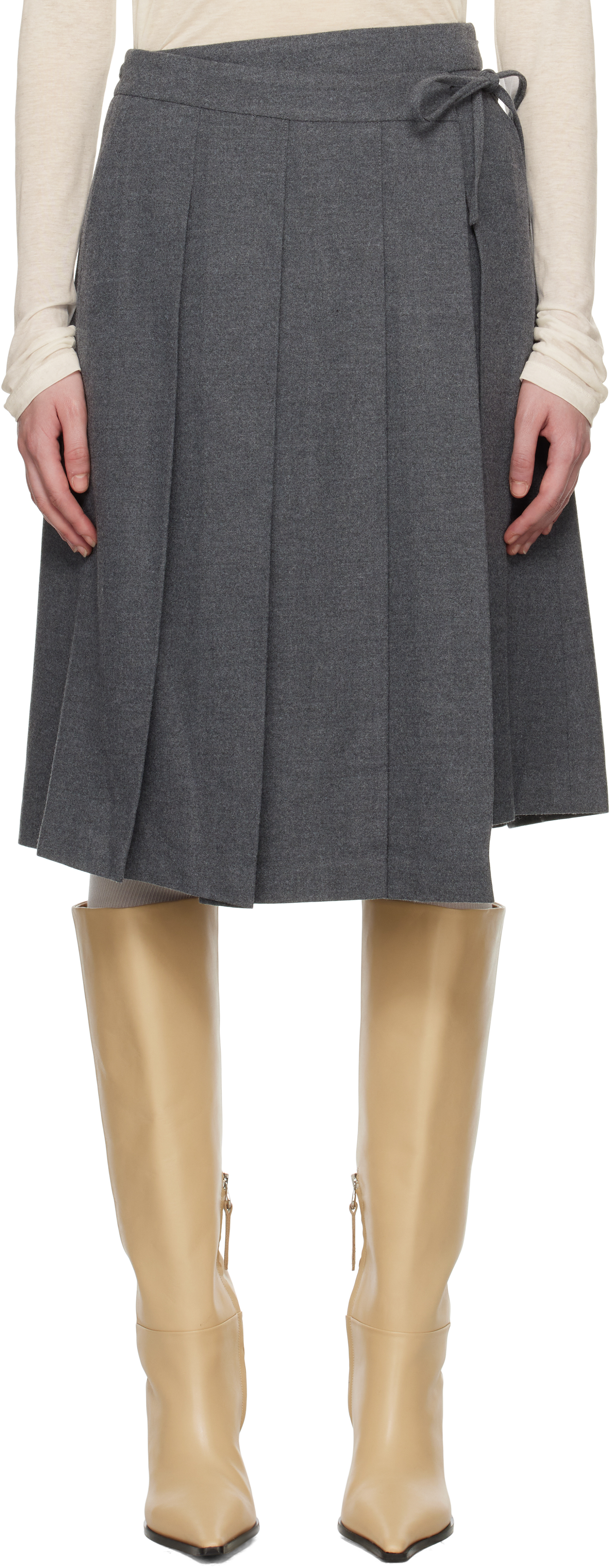 Shop Dunst Gray Ribboned Wide Pleats Midi Skirt In Melange Grey