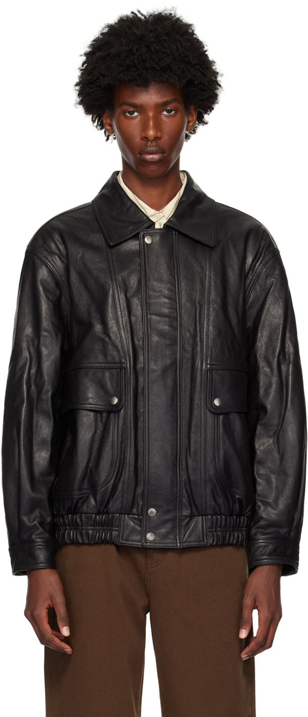 Black leather jacket oversized on sale