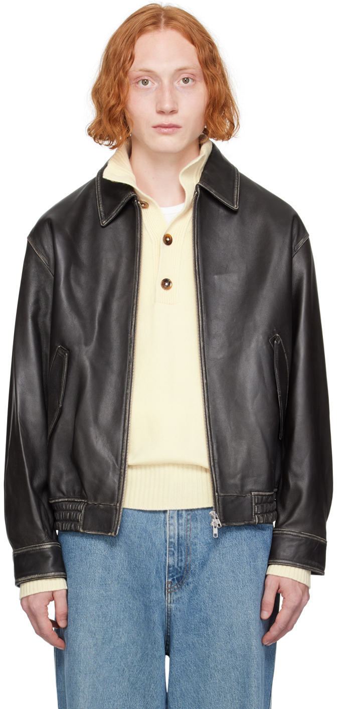 Black Spread Collar Leather Jacket