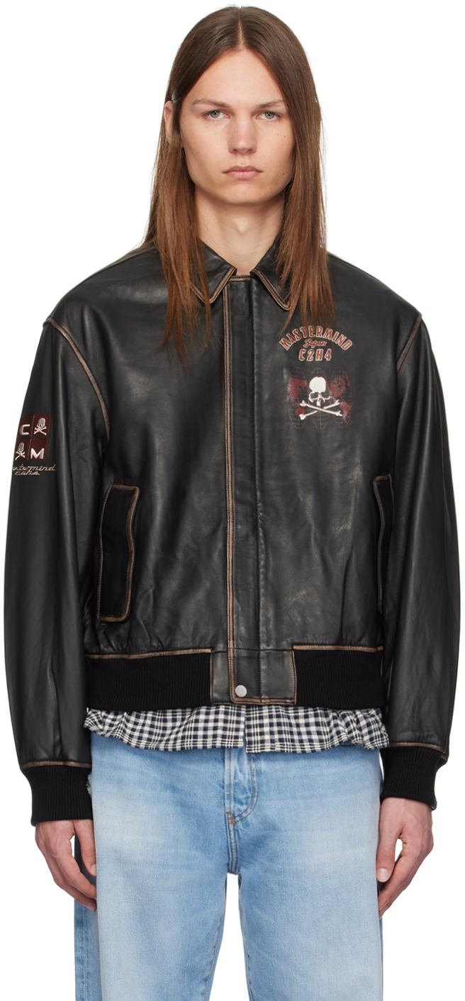 mastermind JAPAN Brown C2H4® Edition Embroidered-Logo Leather Jacket