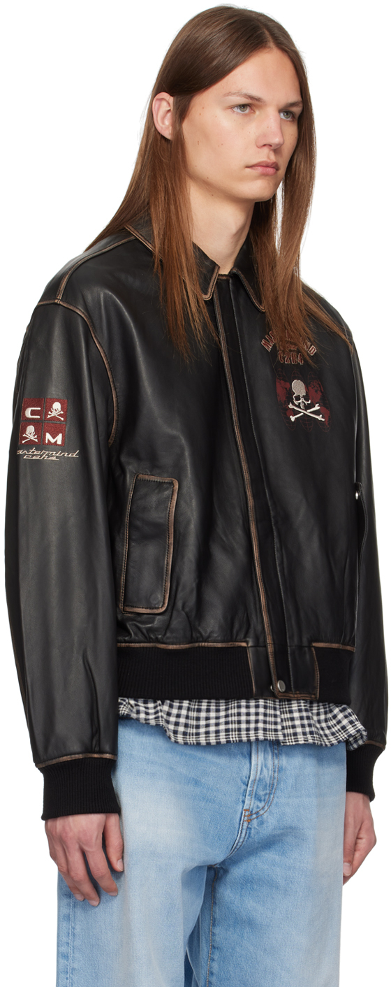 Shop Mastermind Japan Brown C2h4® Edition Embroidered-logo Leather Jacket In Faded Black