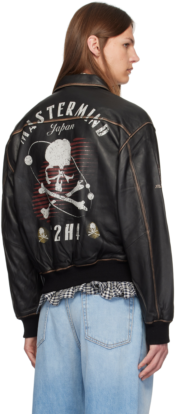 Shop Mastermind Japan Brown C2h4® Edition Embroidered-logo Leather Jacket In Faded Black