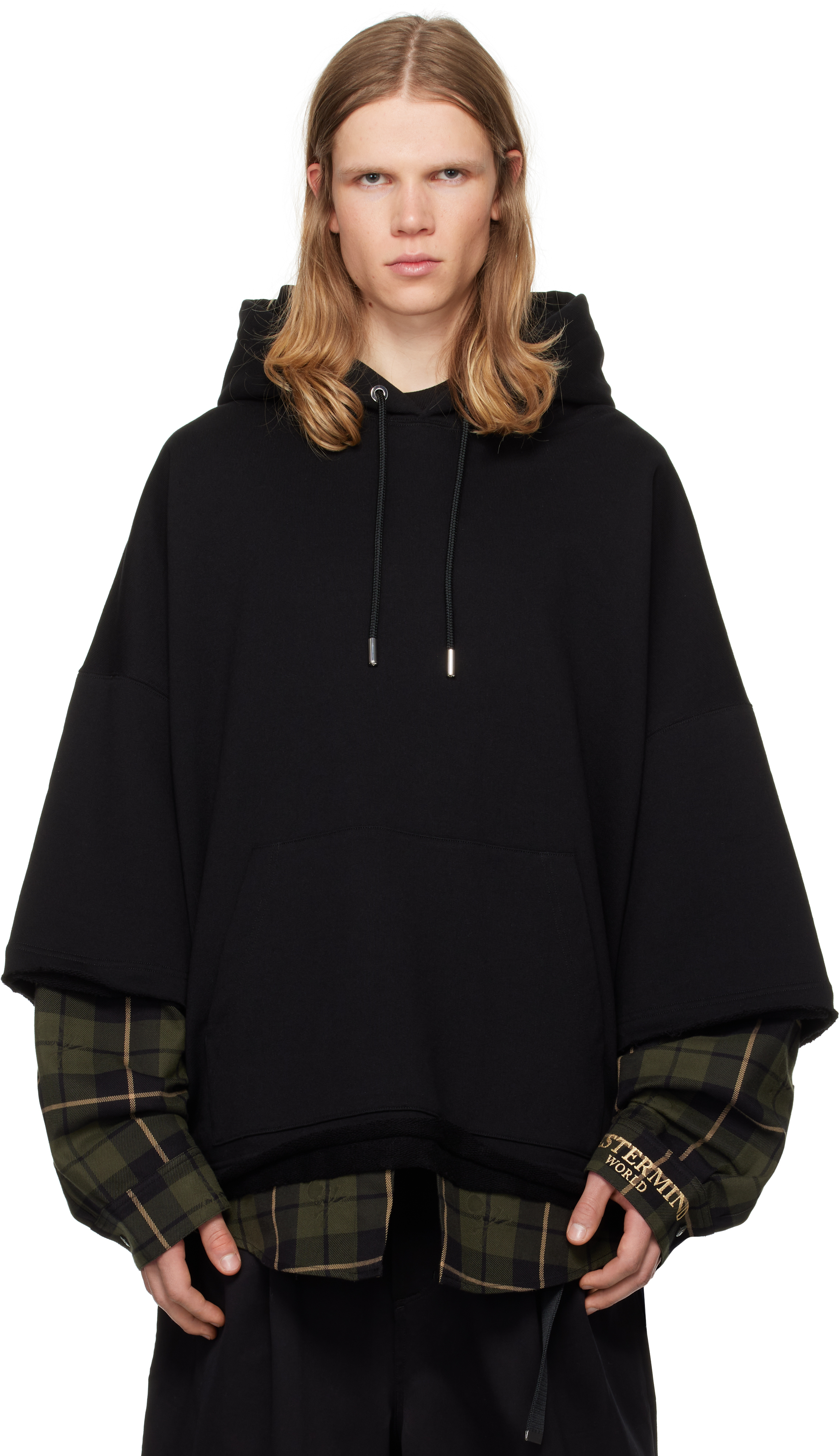 Shop Mastermind Japan Black Boxy Layered Hoodie In Black X Olive Plaid