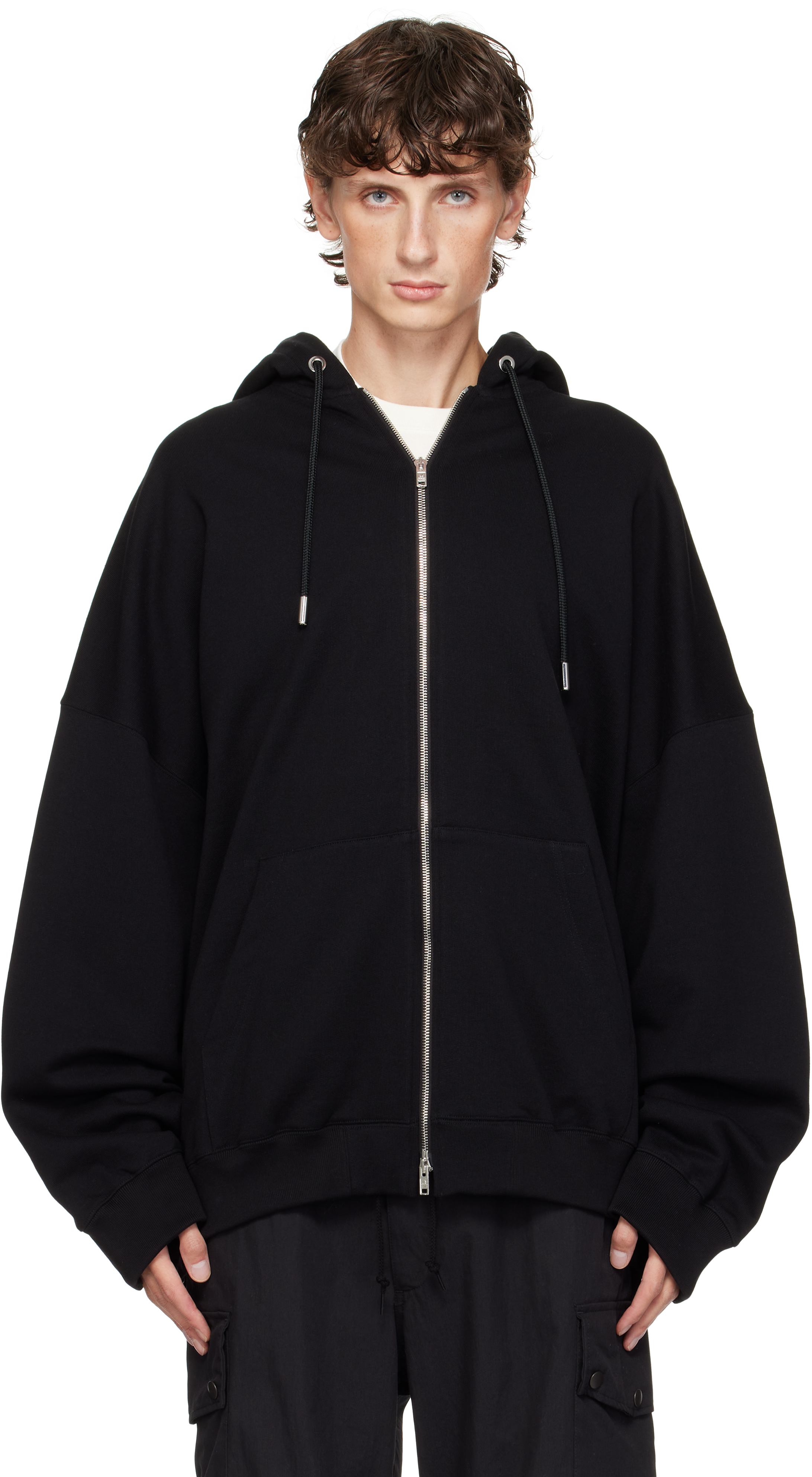 Black Oversize Glass Beaded Full-Zip Hoodie