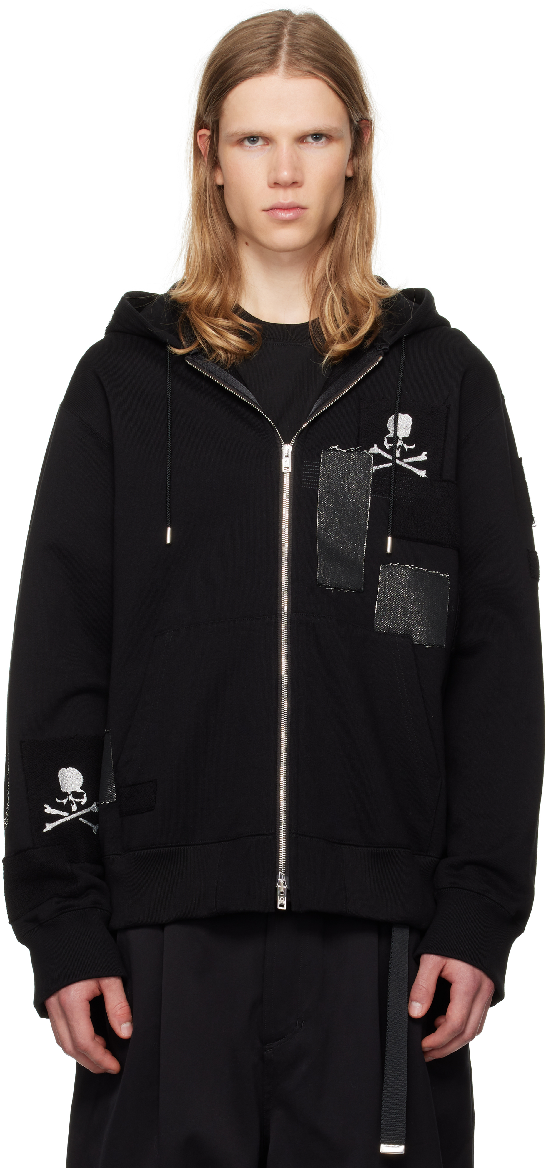 Black Patchwork Full-Zip Hoodie