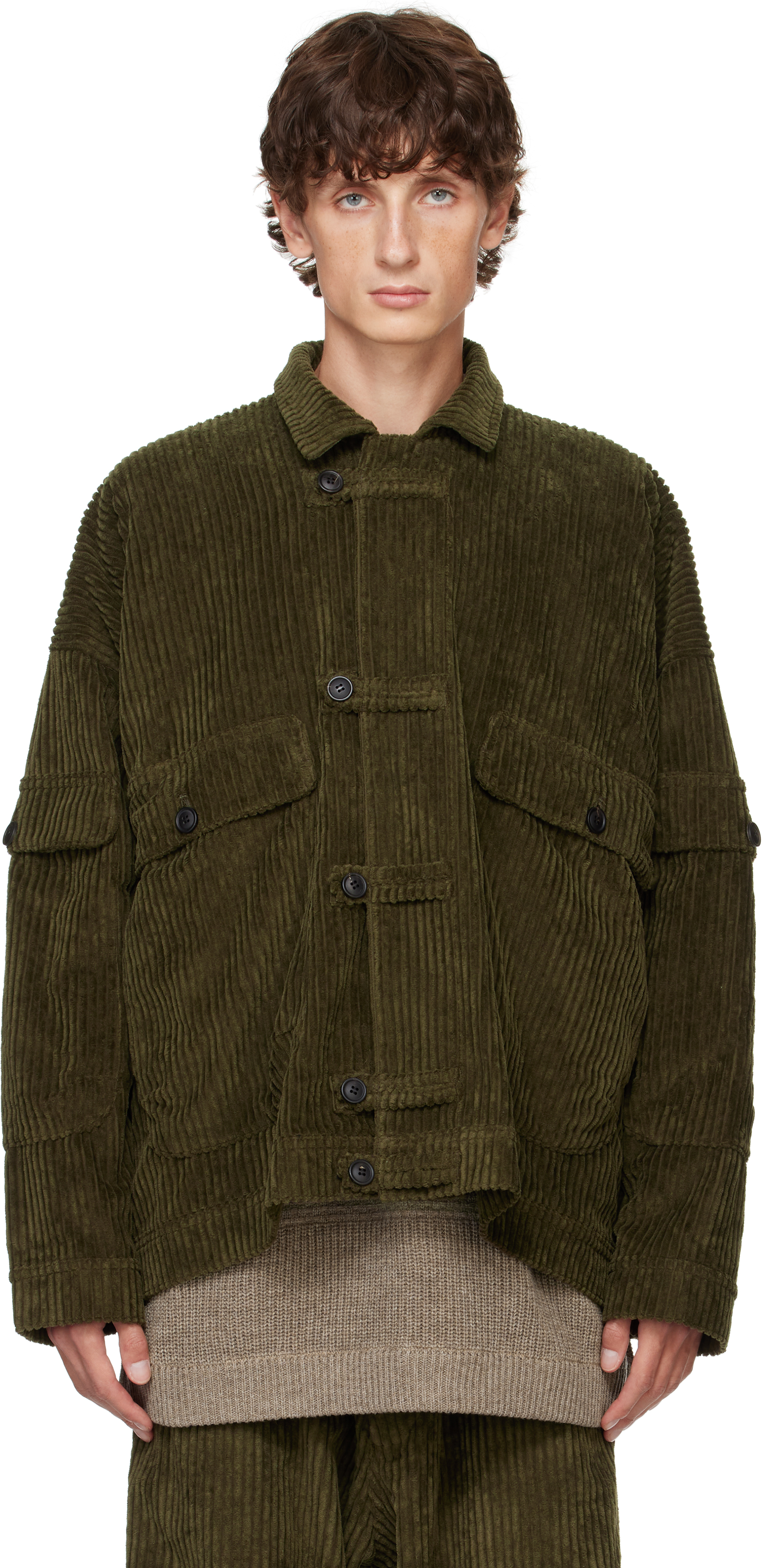 Shop Jan-jan Van Essche Green O-project Wide Wale Corduroy Jacket In Army Green