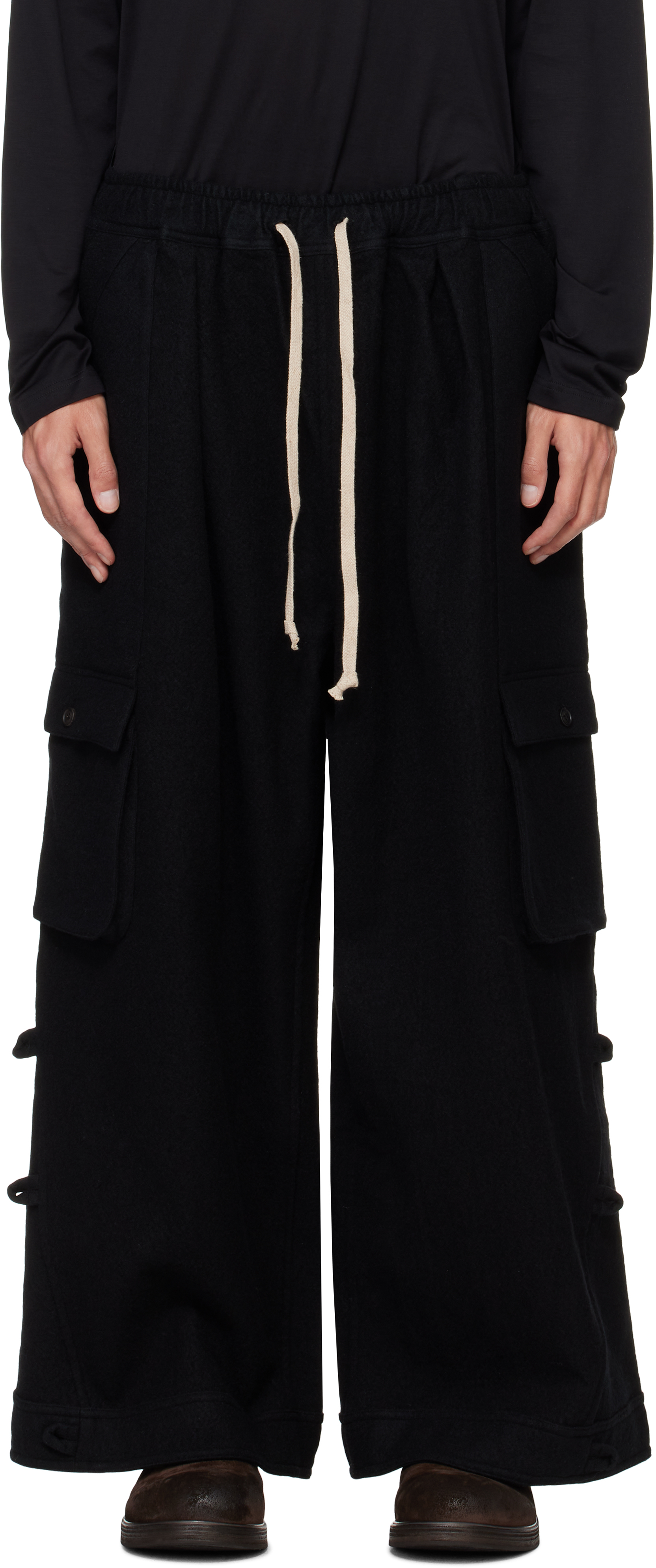 Black O-Project Teddy Wool Twill Easy Cargo Pants by Jan-Jan