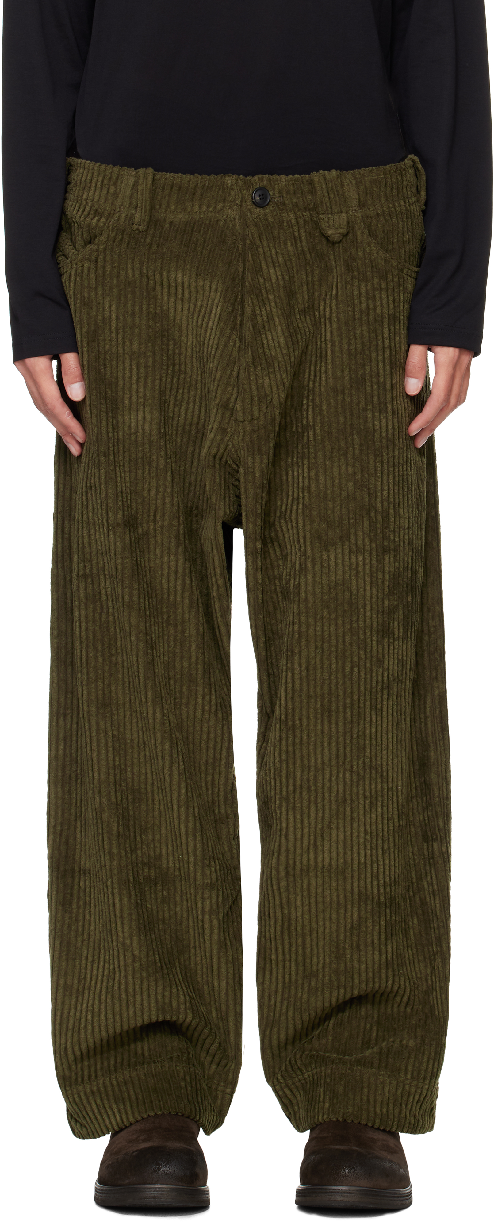 Shop Jan-jan Van Essche Green O-project Wide Wale Corduroy Trousers In Army Green