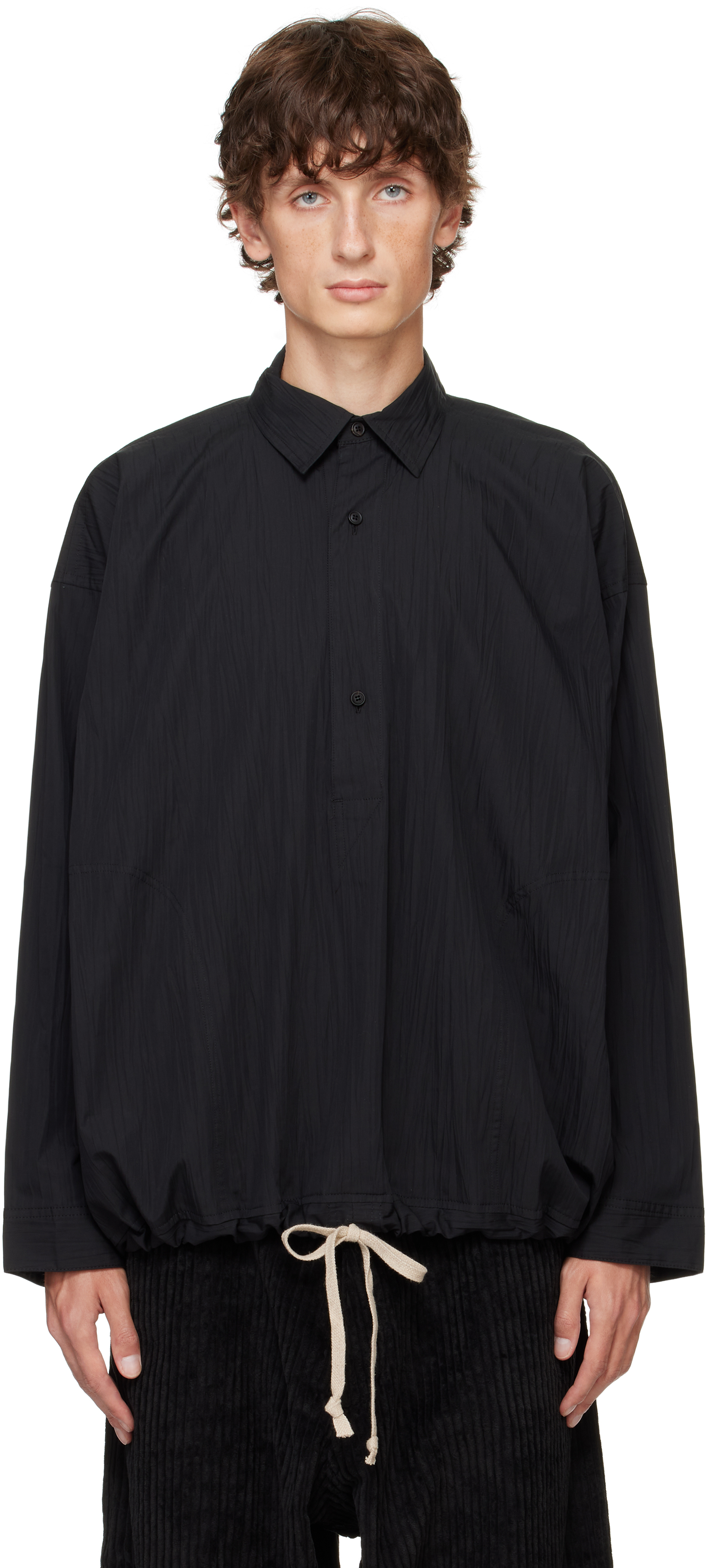 JAN-JAN VAN ESSCHE BLACK O-PROJECT WRINKLED POPLIN POPOVER SHIRT 