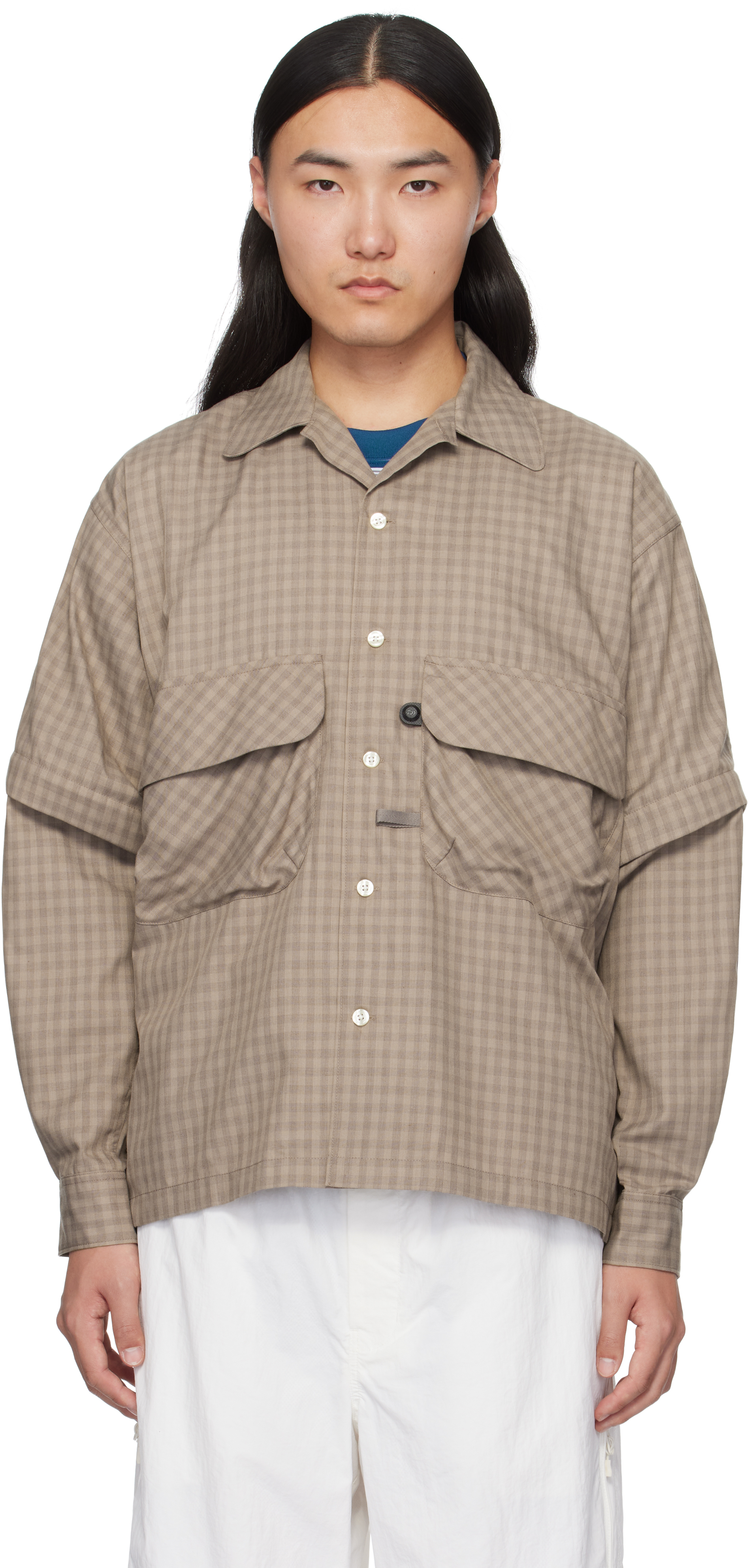 Brown Tech Sports Open Collar L/S Mini Plaids Shirt