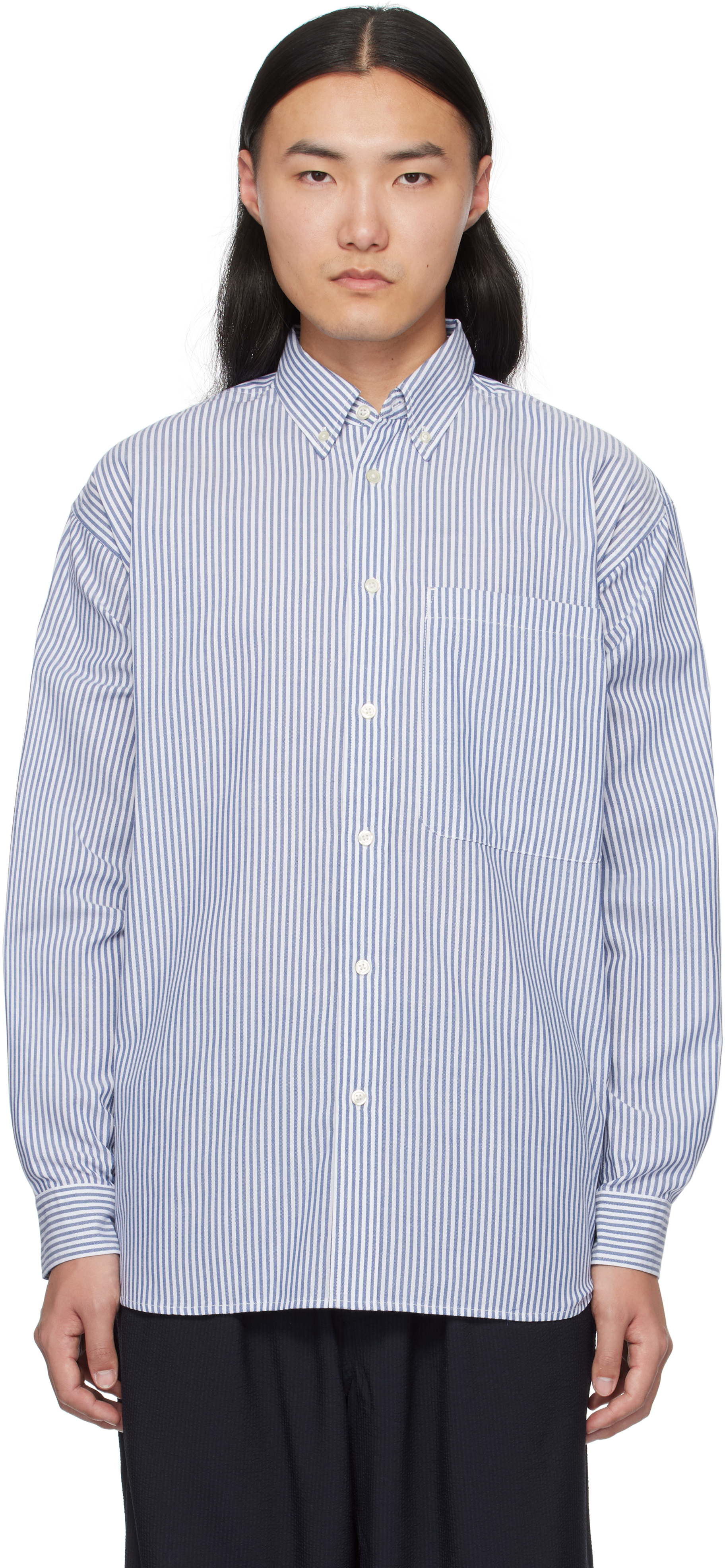 Blue & White Tech Button Down L/S Stripe Shirt