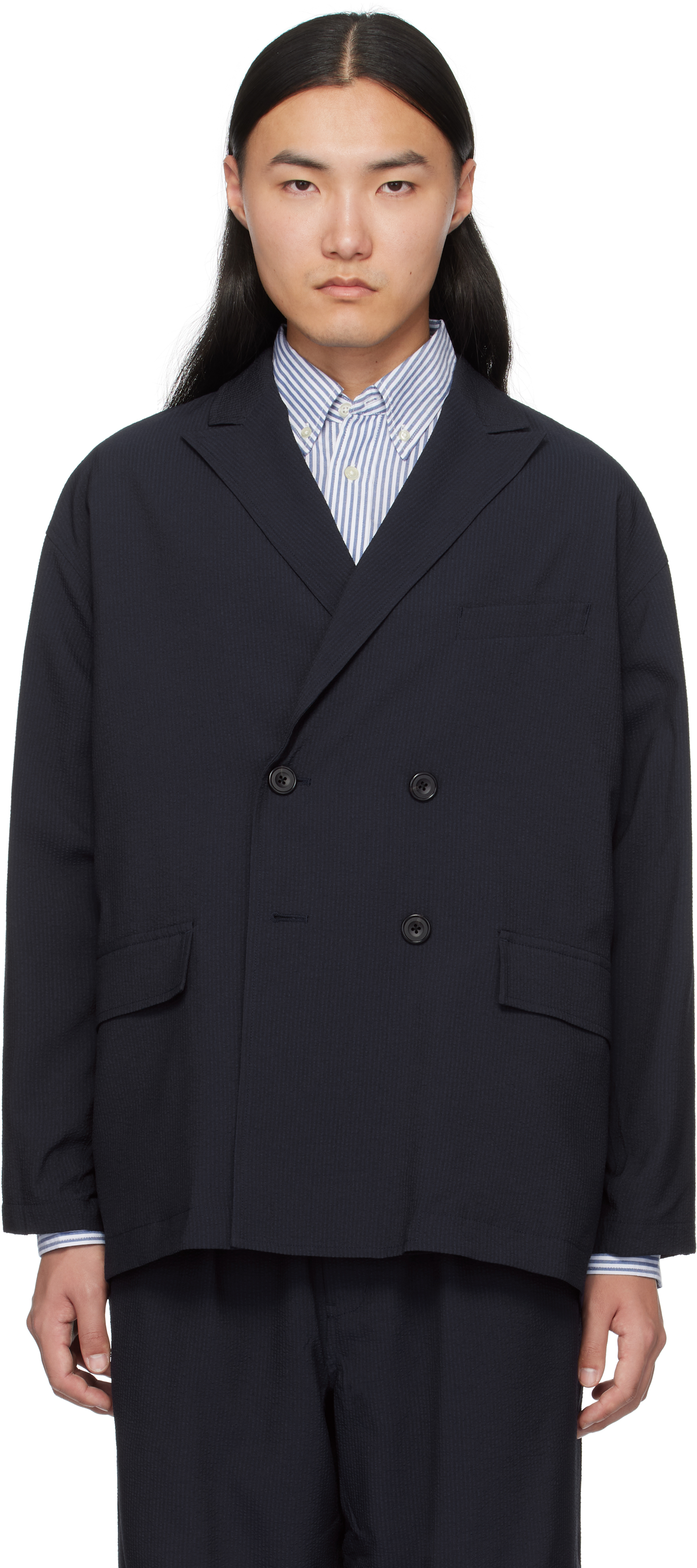 Navy Tech Double-Breasted Blazer