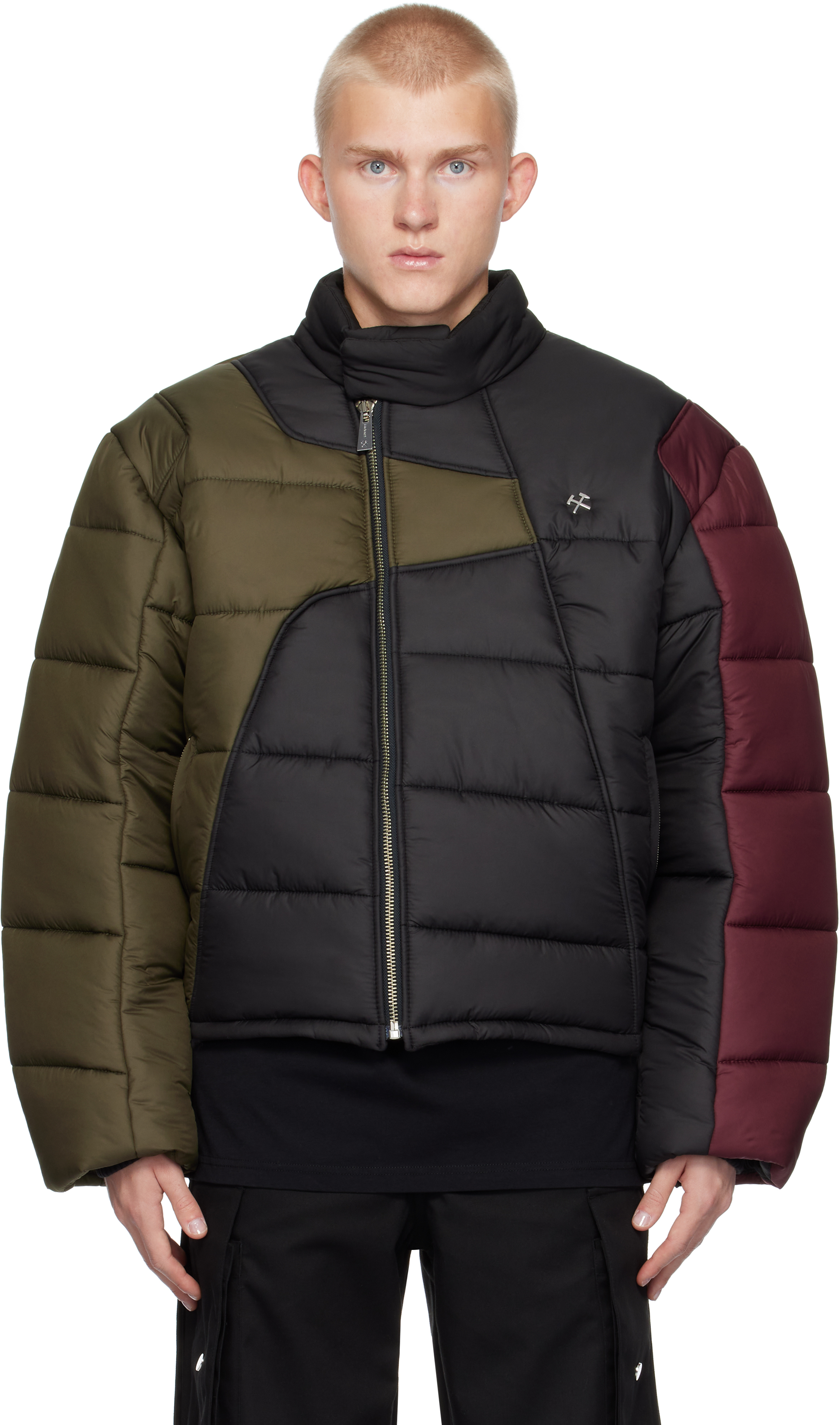 Shop Gmbh Multicolor Zaman Puffer Jacket In Khaki/black/burgundy