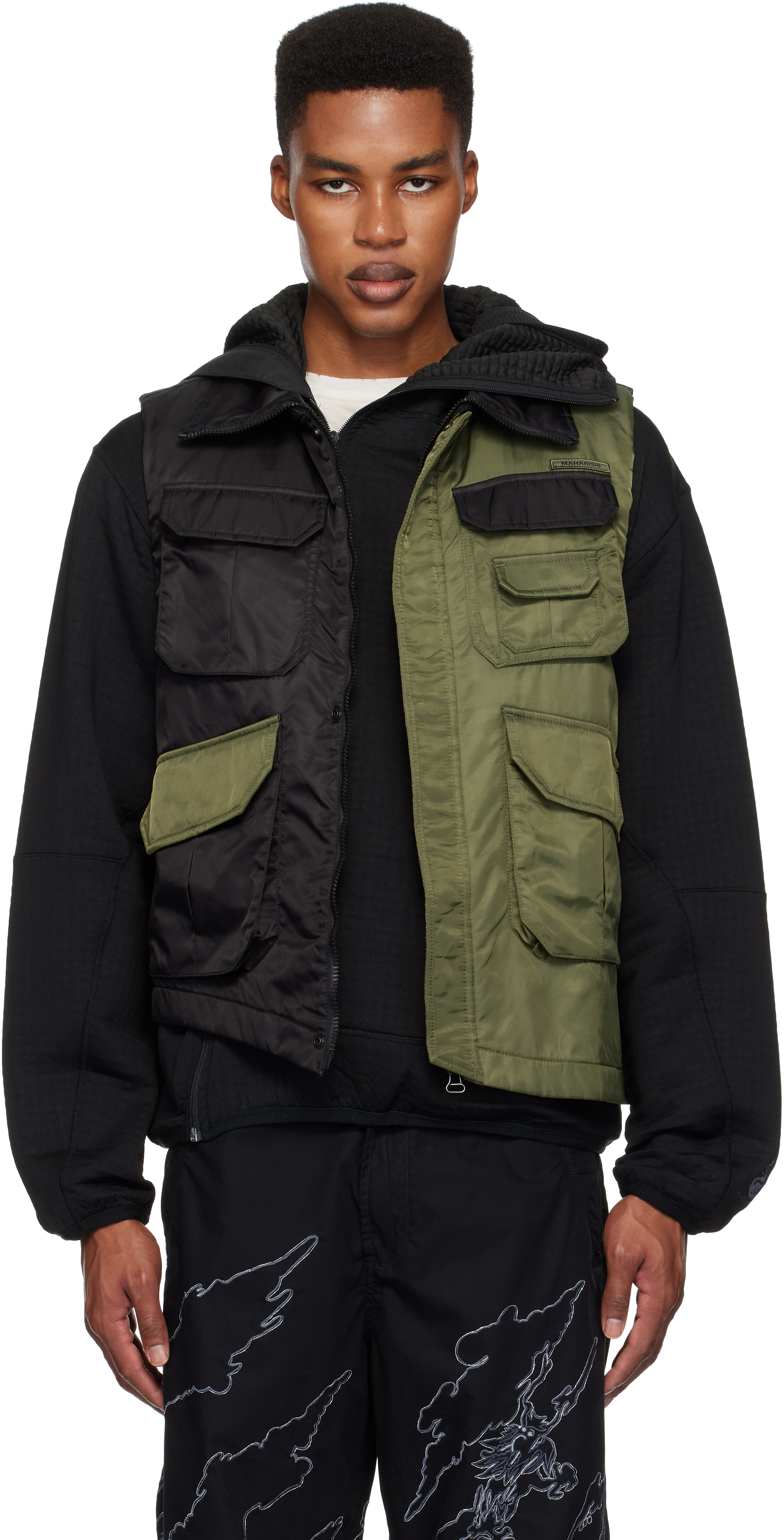 Shop Maharishi Khaki & Black 5275 Padded Flight Vest In Olive/black