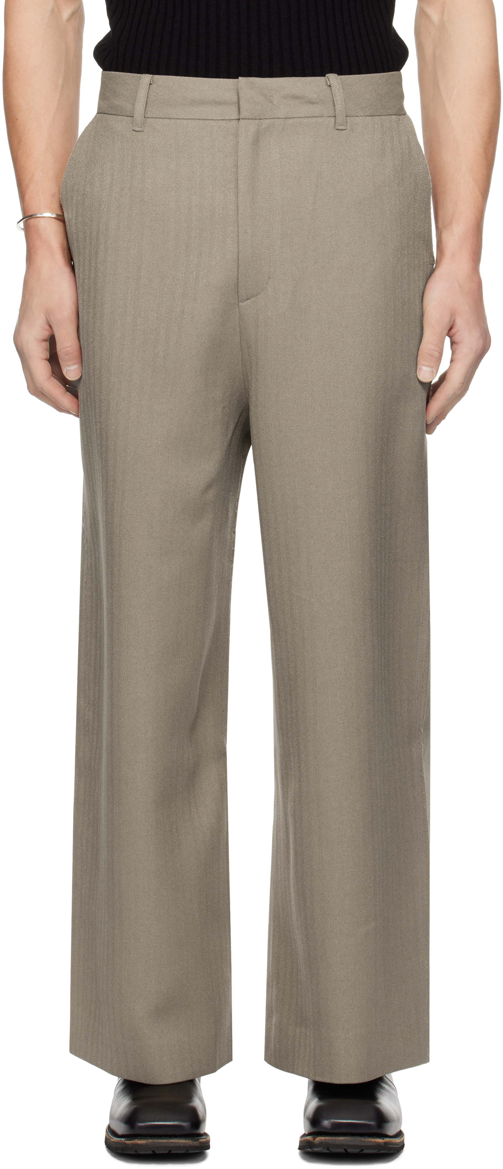 Beige Triple Stitch Wide Trousers