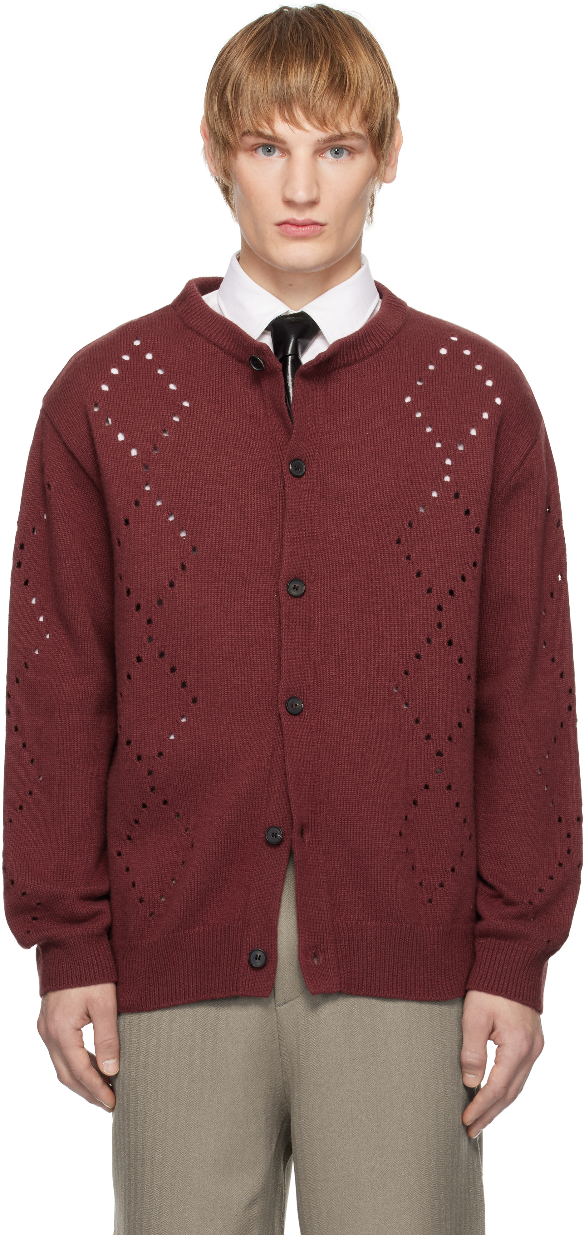 Burgundy Argyle Punching Knit Cardigan