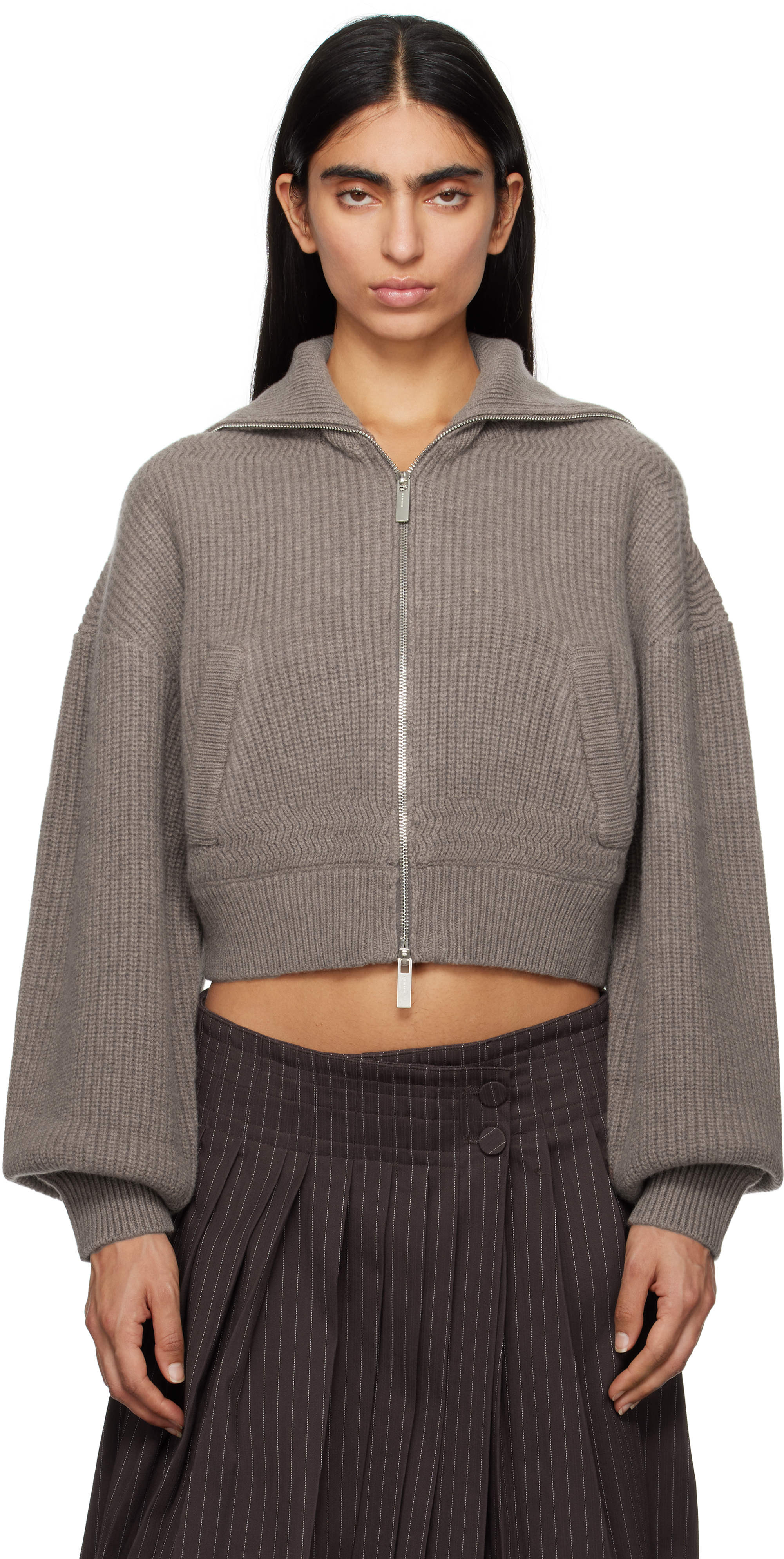 Taupe Knitted Cropped Bomber Sweater