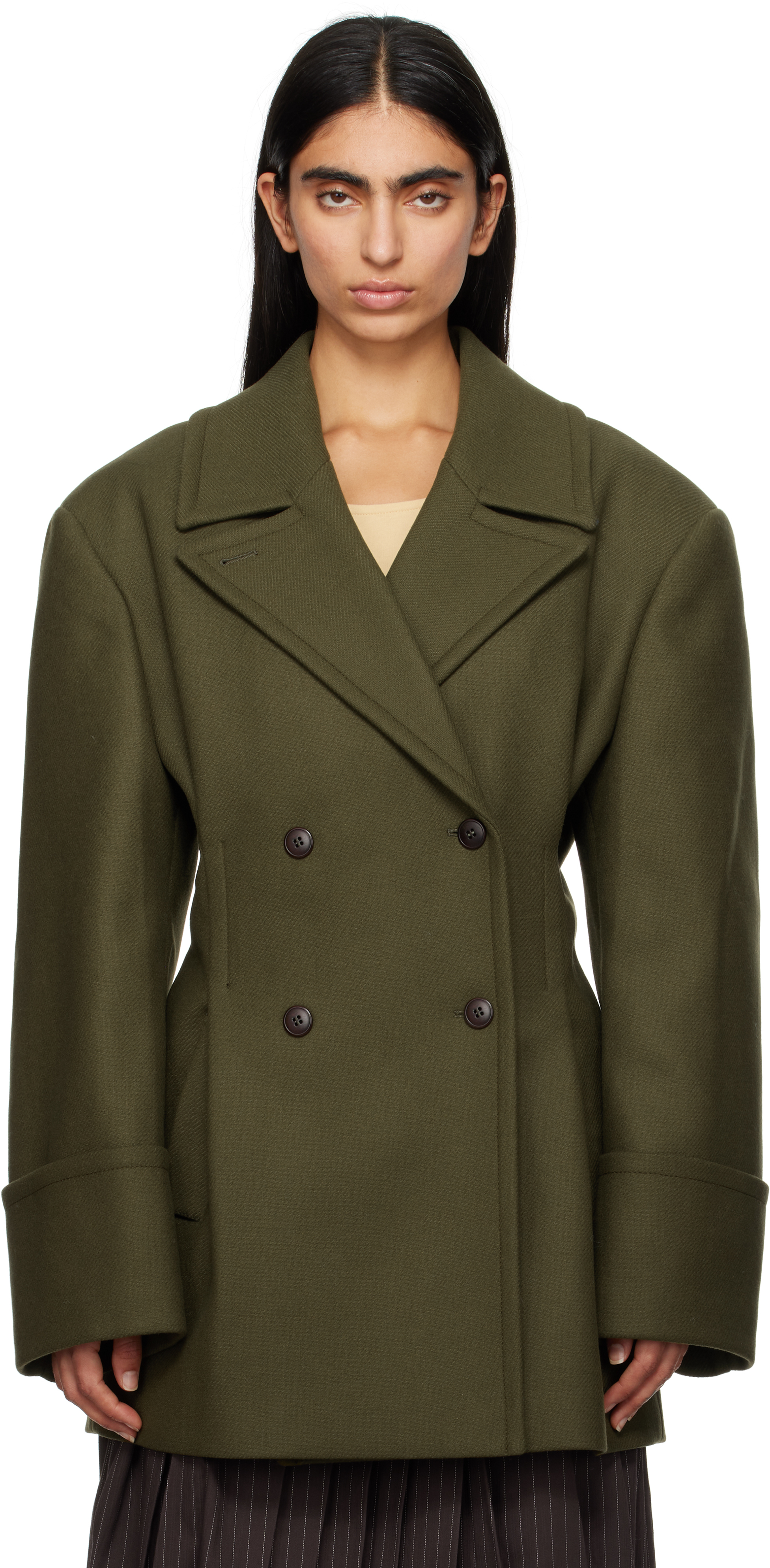 Shop Remain Birger Christensen Green Pleats Peacoat In 726 Dark Olive