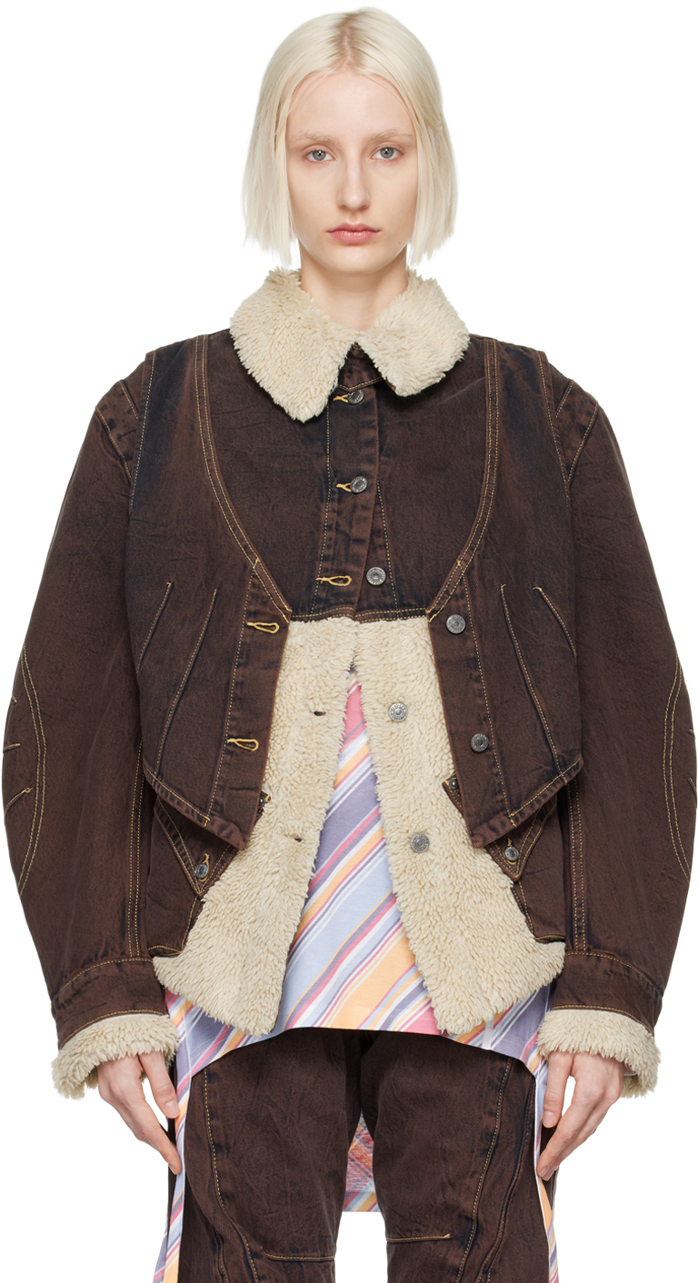 Shop Kiko Kostadinov Brown Paneled Levi's Edition Denim Jacket In Overdyed Brown