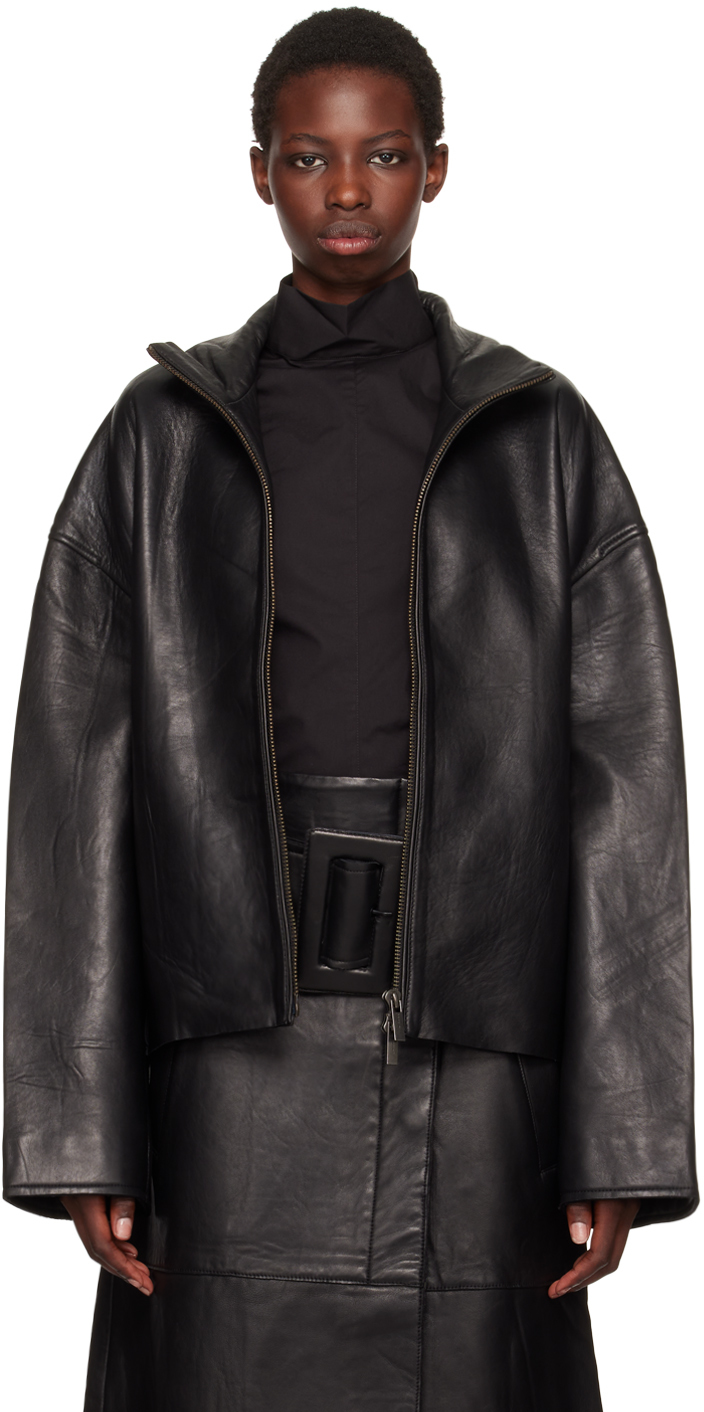 Black Bonded Box-Fit Leather Jacket