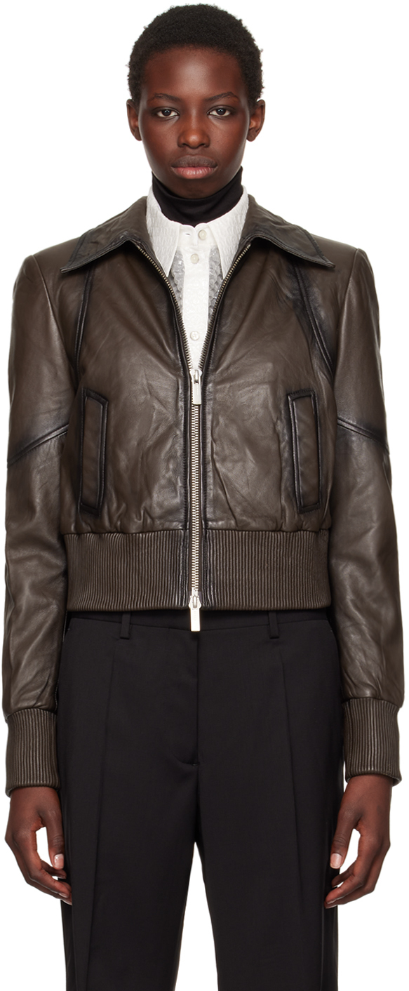 Brown Short Leather Bomber Jacket