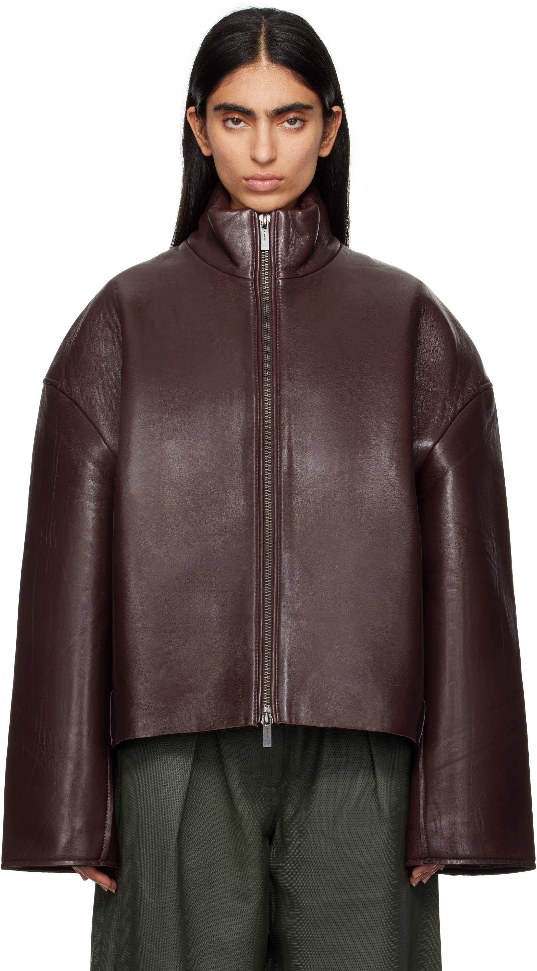 【REMAIN BIRGER CHRISTENSEN】 Burgundy Bonded Leather Jacket by REMAIN Birger Christensen
