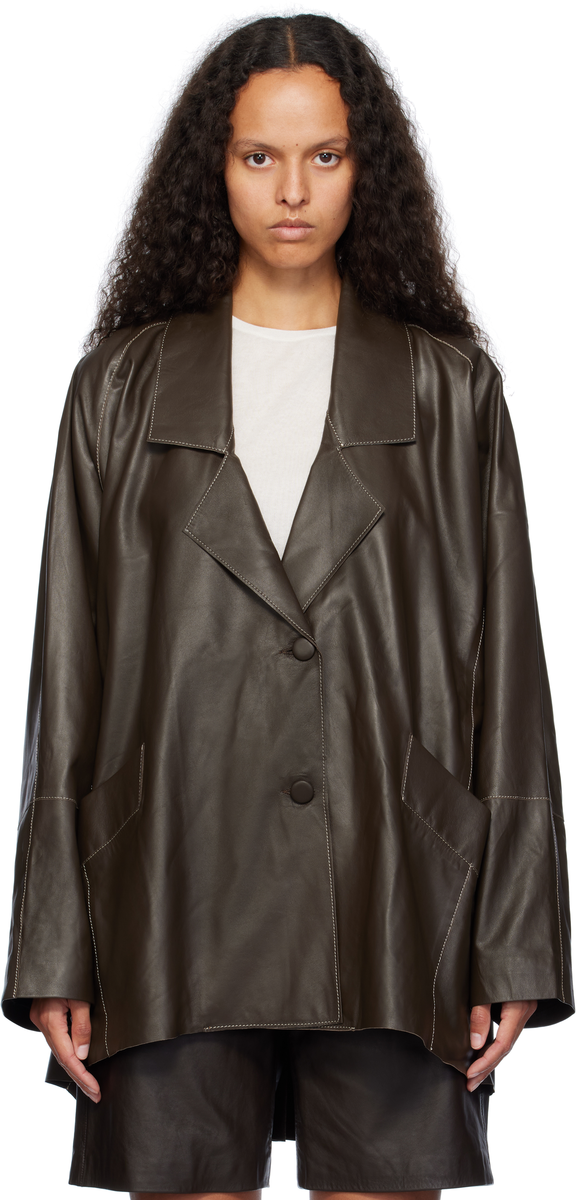 【REMAIN BIRGER CHRISTENSEN】レザー ジャケット ベルト付き REMAIN Birger Christensenのブラウン ワイド レザージャケット