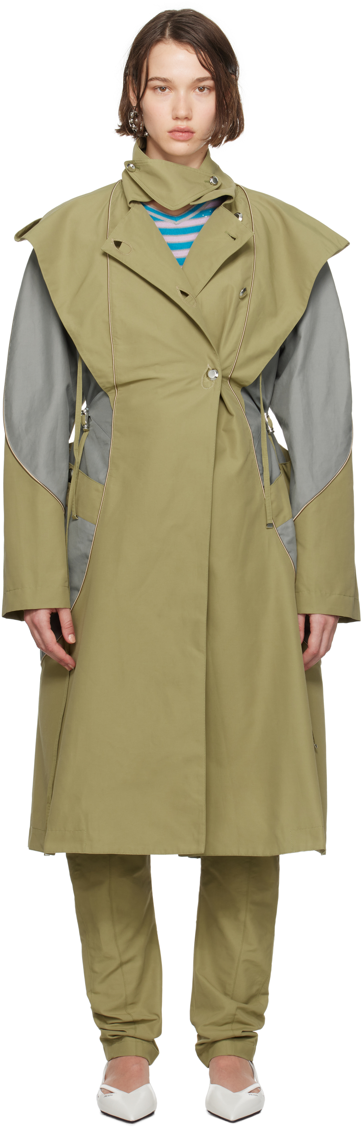 Shop Kiko Kostadinov Green & Gray Herne Hooded Trench Coat In Olive Green/smoke Gr