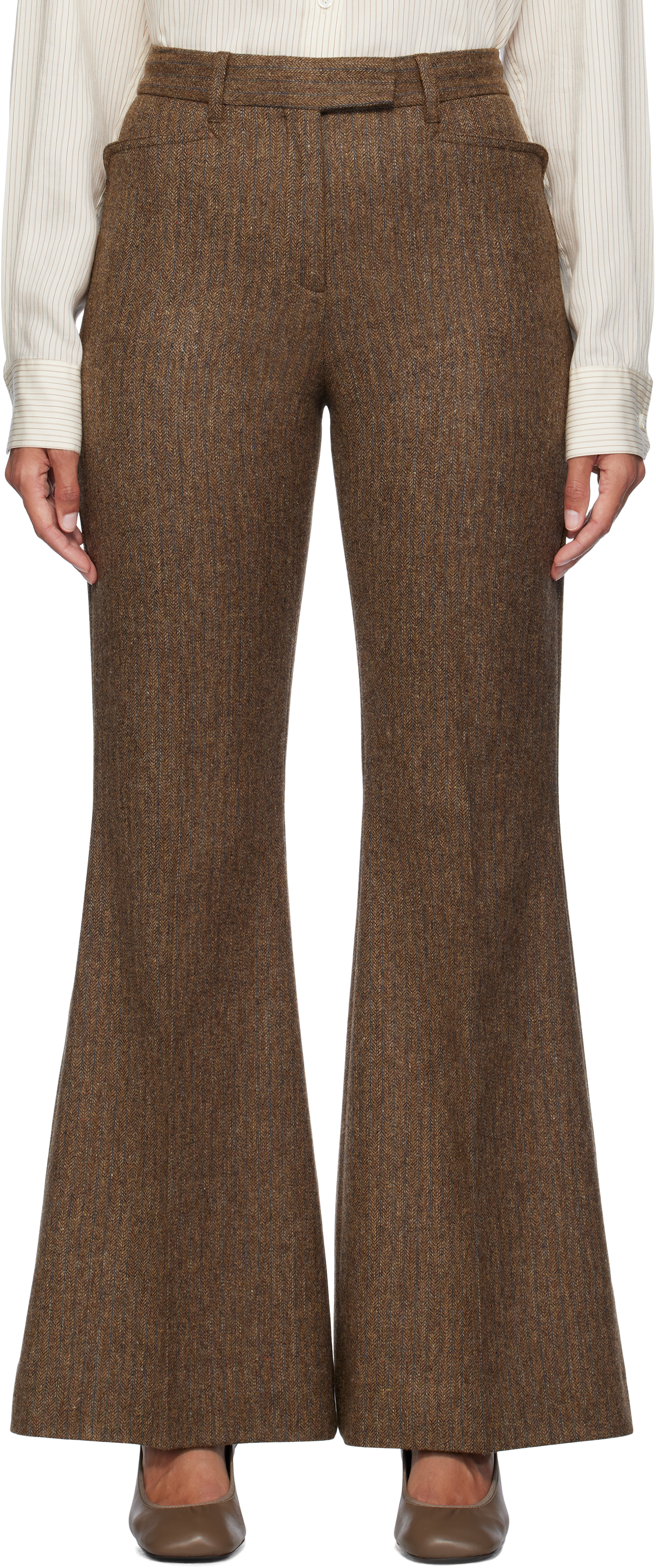 Brown Herringbone Flare Trousers