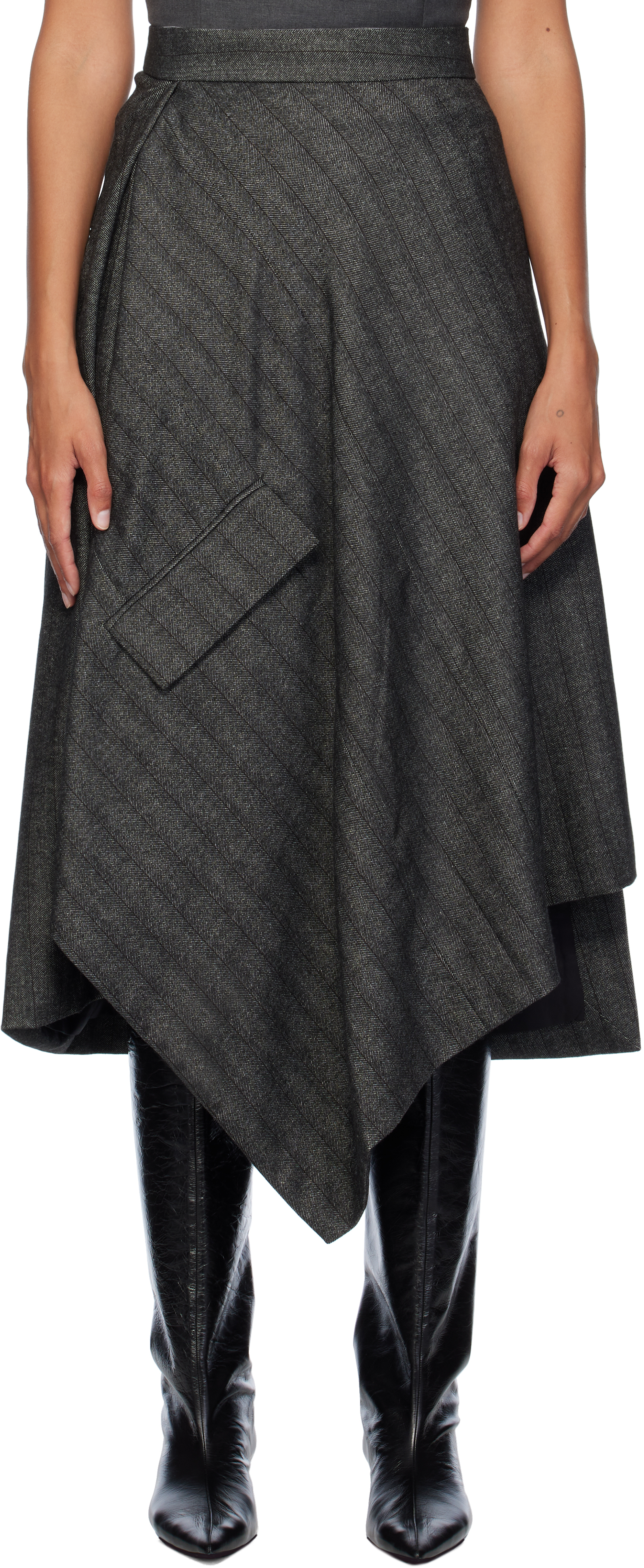 Shop Remain Birger Christensen Gray Striped Draped Midi Skirt In Comb Black Comb