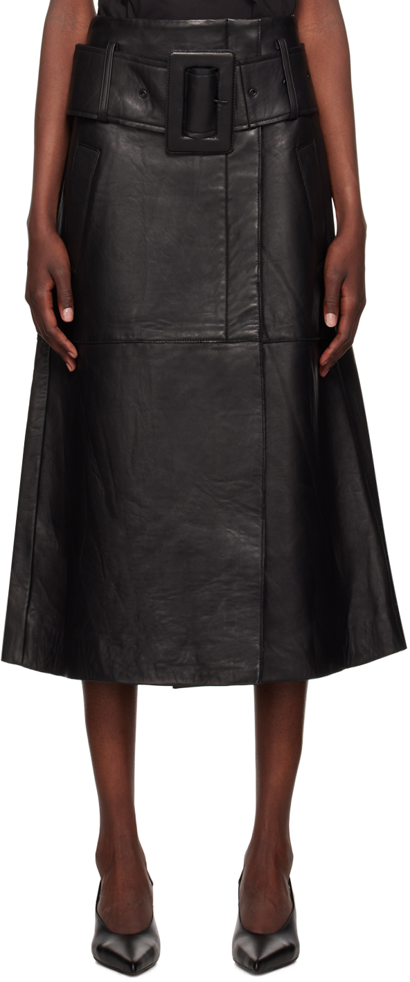 Black Bonded Leather Midi Skirt