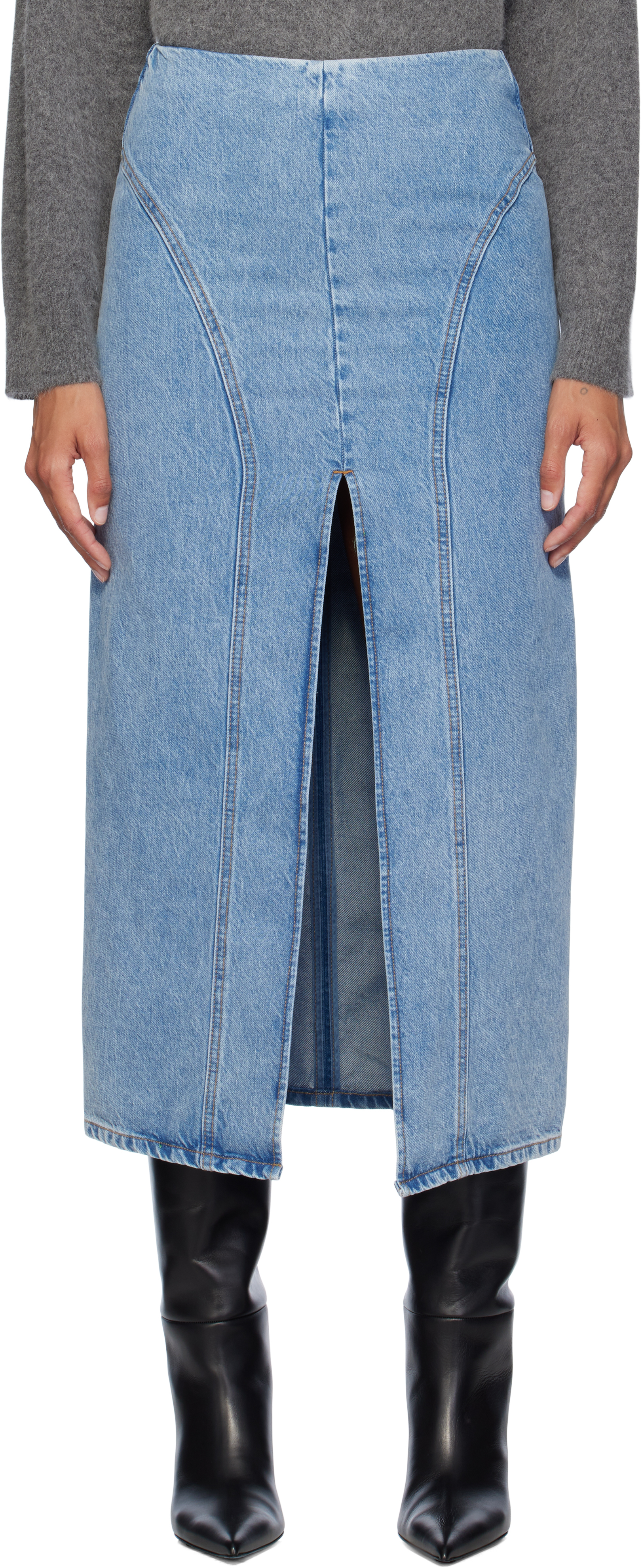 Blue Slim-Fit Denim Midi Skirt