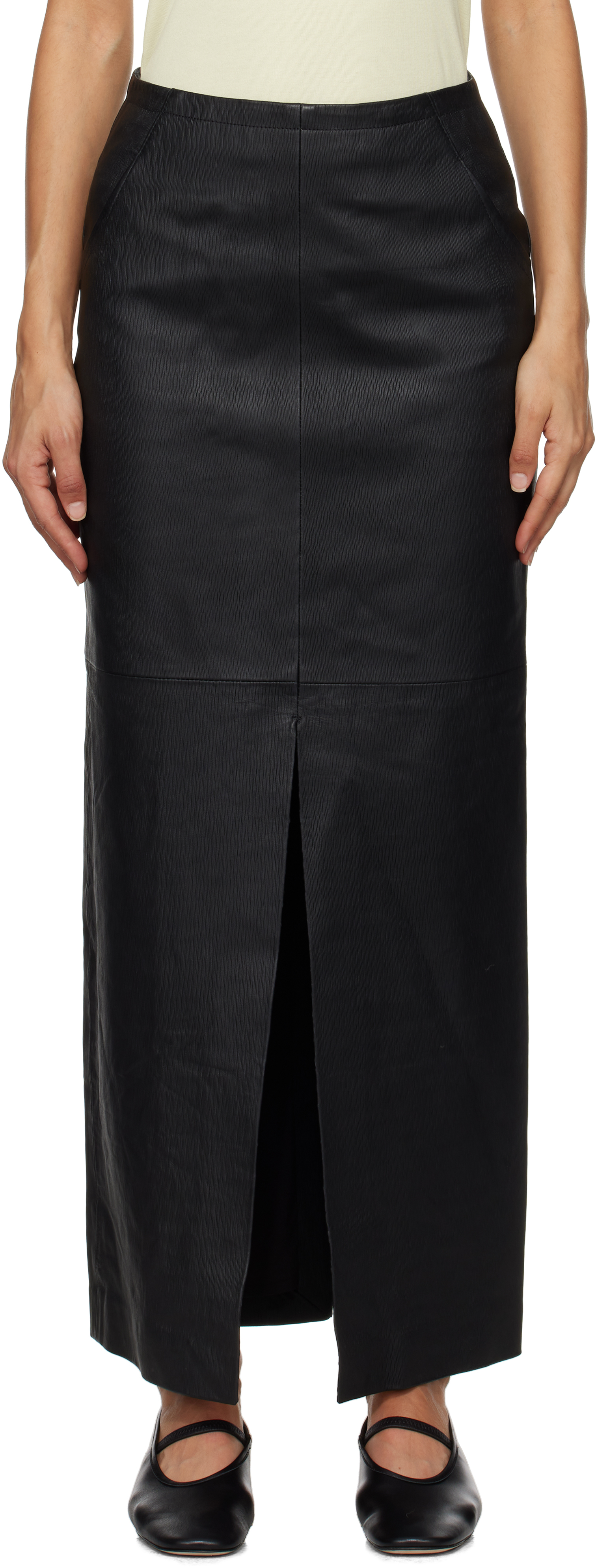 Black High Slit Leather Maxi Skirt