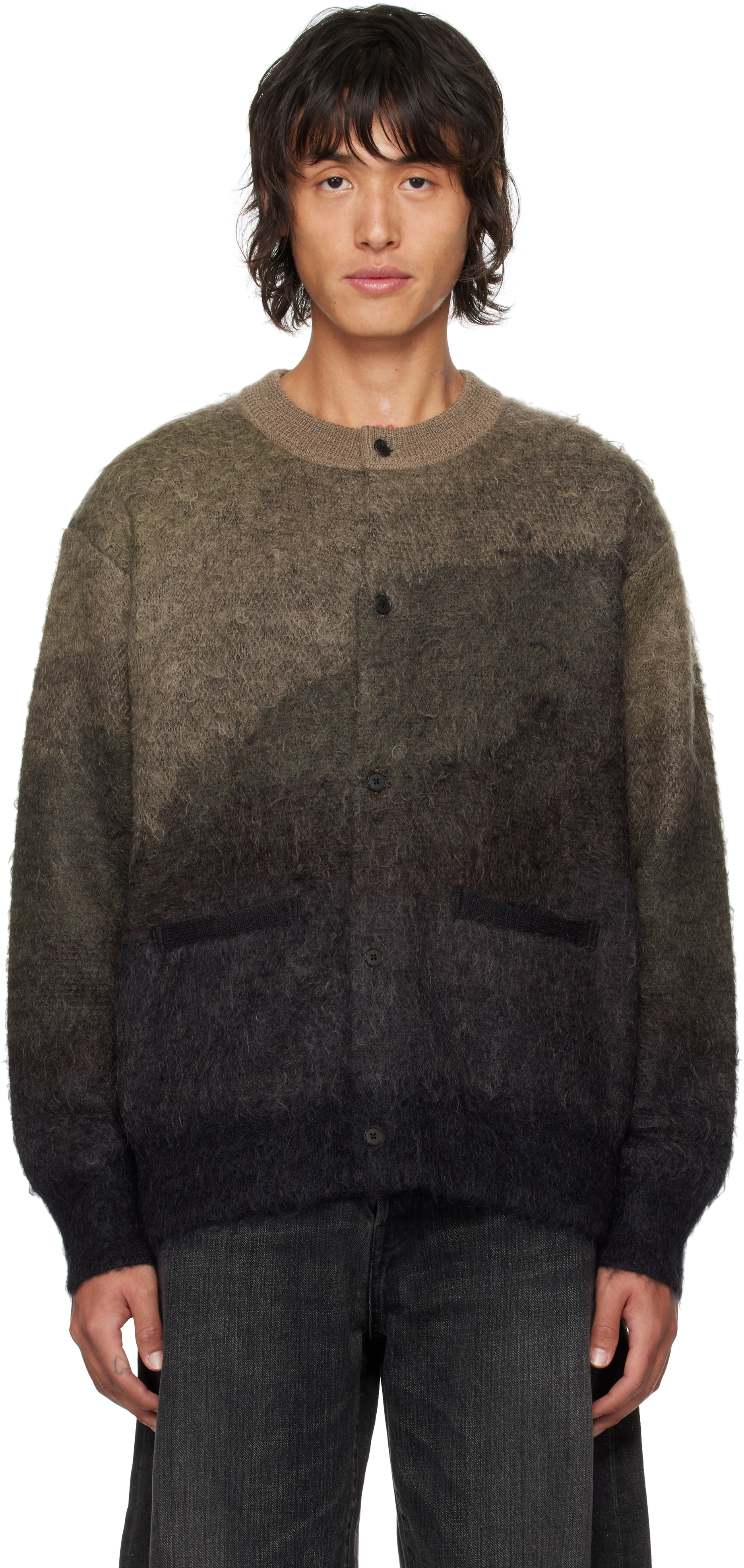 Stein Brown Gradation Mohair Knit Cardigan In Navy Khaki Gradation