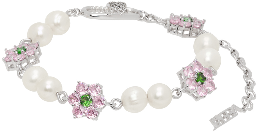 White Gold Macro Flower Freshwater Pearl Bracelet