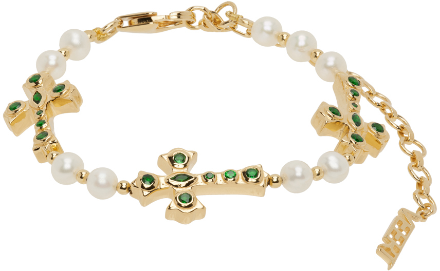 Shop Veert ゴールド＆ホワイト The Cross & Freshwater Pearl ブレスレット In Yellow Gold/green