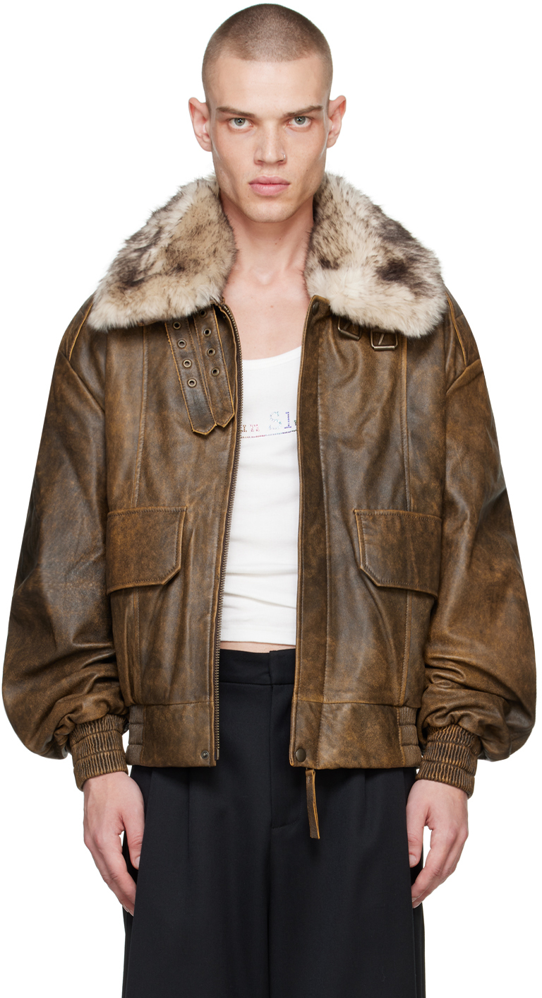 Shop Vaquera Brown Distressed Faux-fur & Leather Jacket In Vieilli Brown