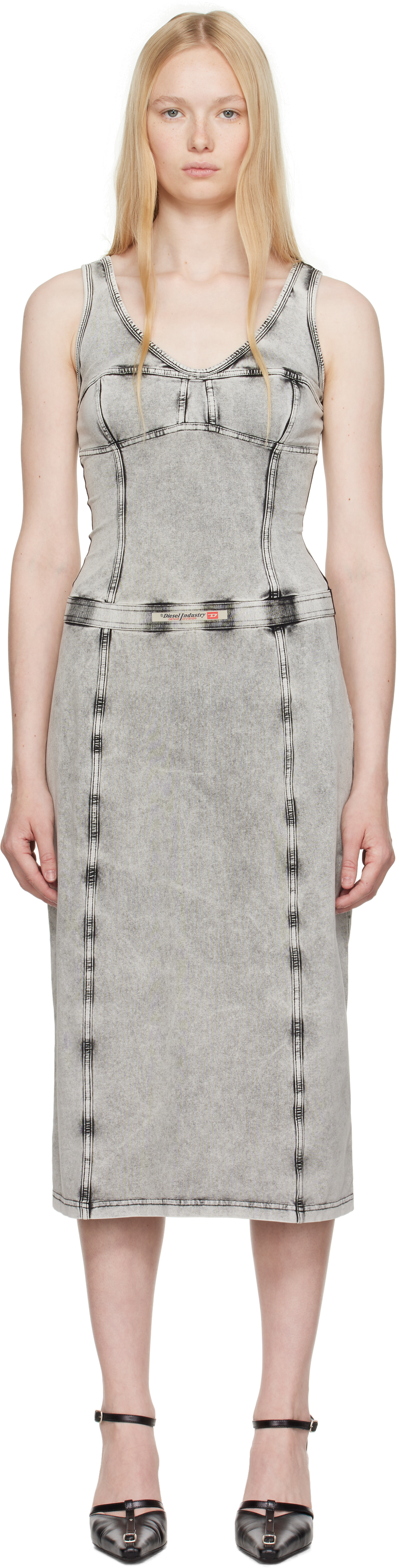 Diesel Knee Length Denim Dress With Contrast Stitching In 02b
