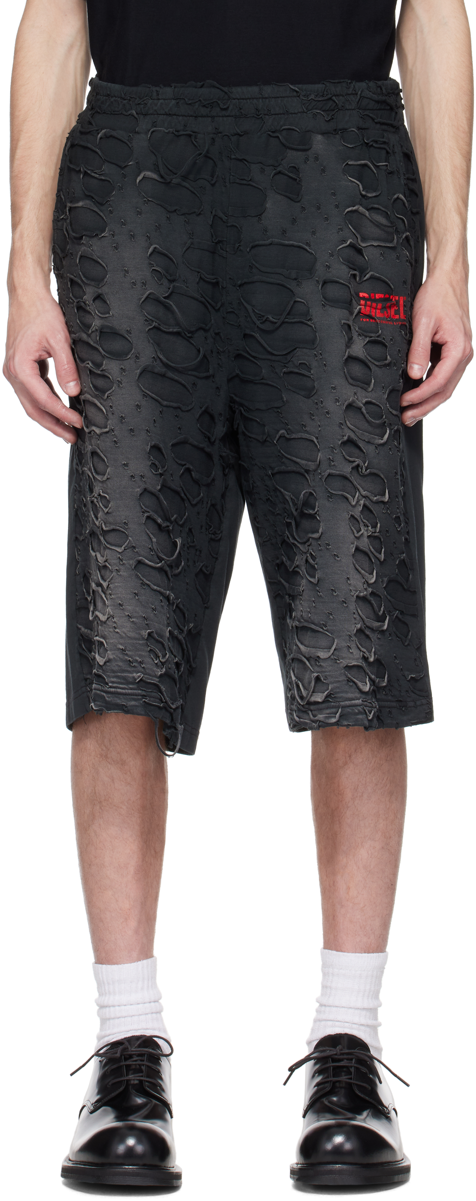 ★DIESEL★ P Ekio R1 Shorts Pants Black A161770SLBS9XX A1617 P-ECHIO-R1 Faded sweat shorts with holes｜ブラック｜メンズ