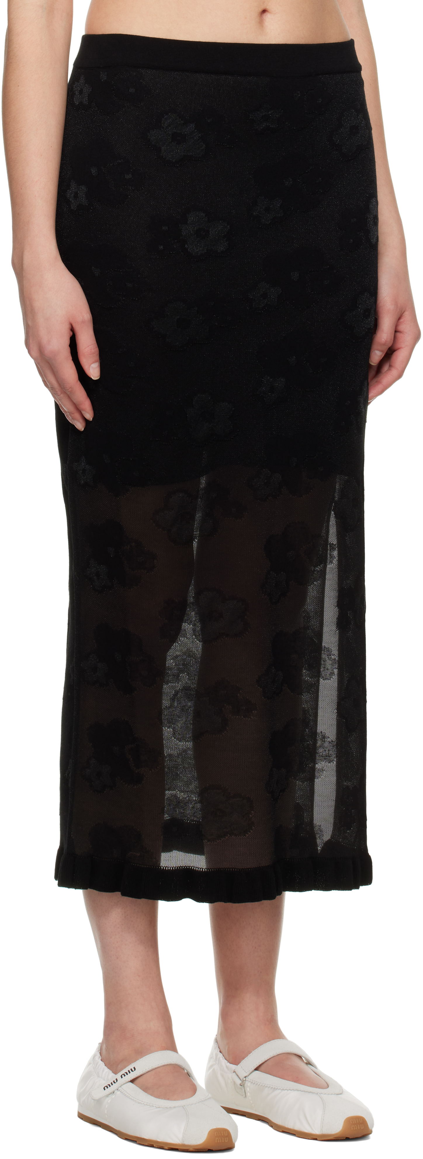 Cecilie Bahnsen Elastic Waistband Floral Pattern Sheer Overlay Side Slit In Black