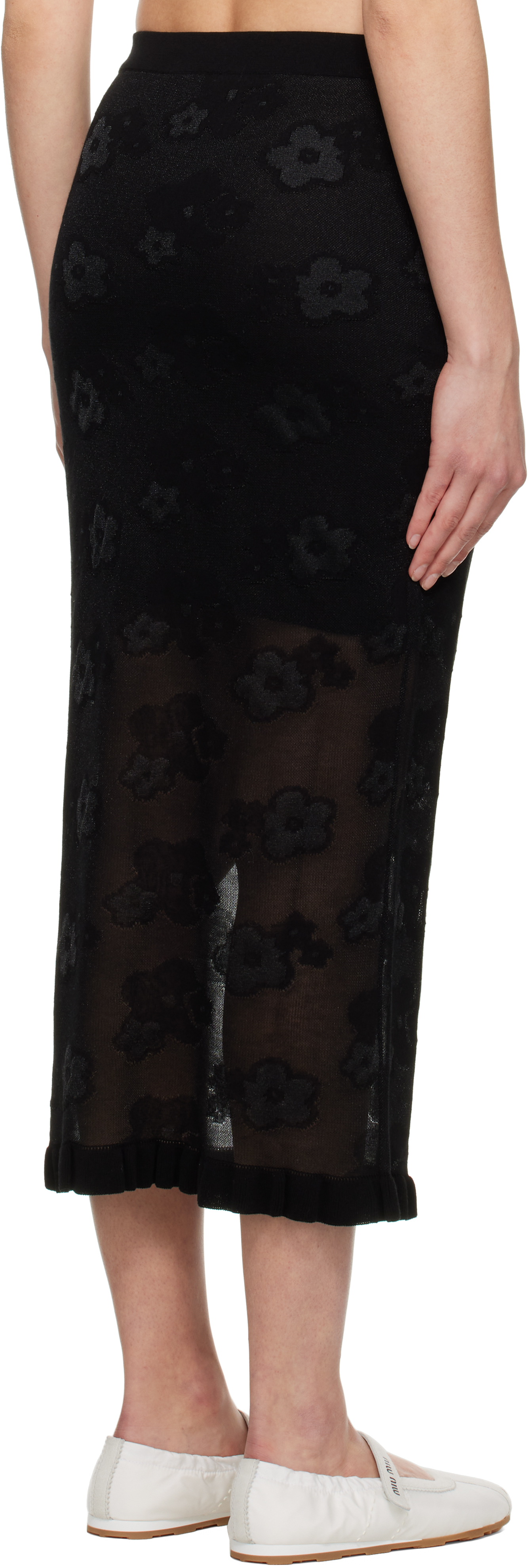 Cecilie Bahnsen Elastic Waistband Floral Pattern Sheer Overlay Side Slit In Black