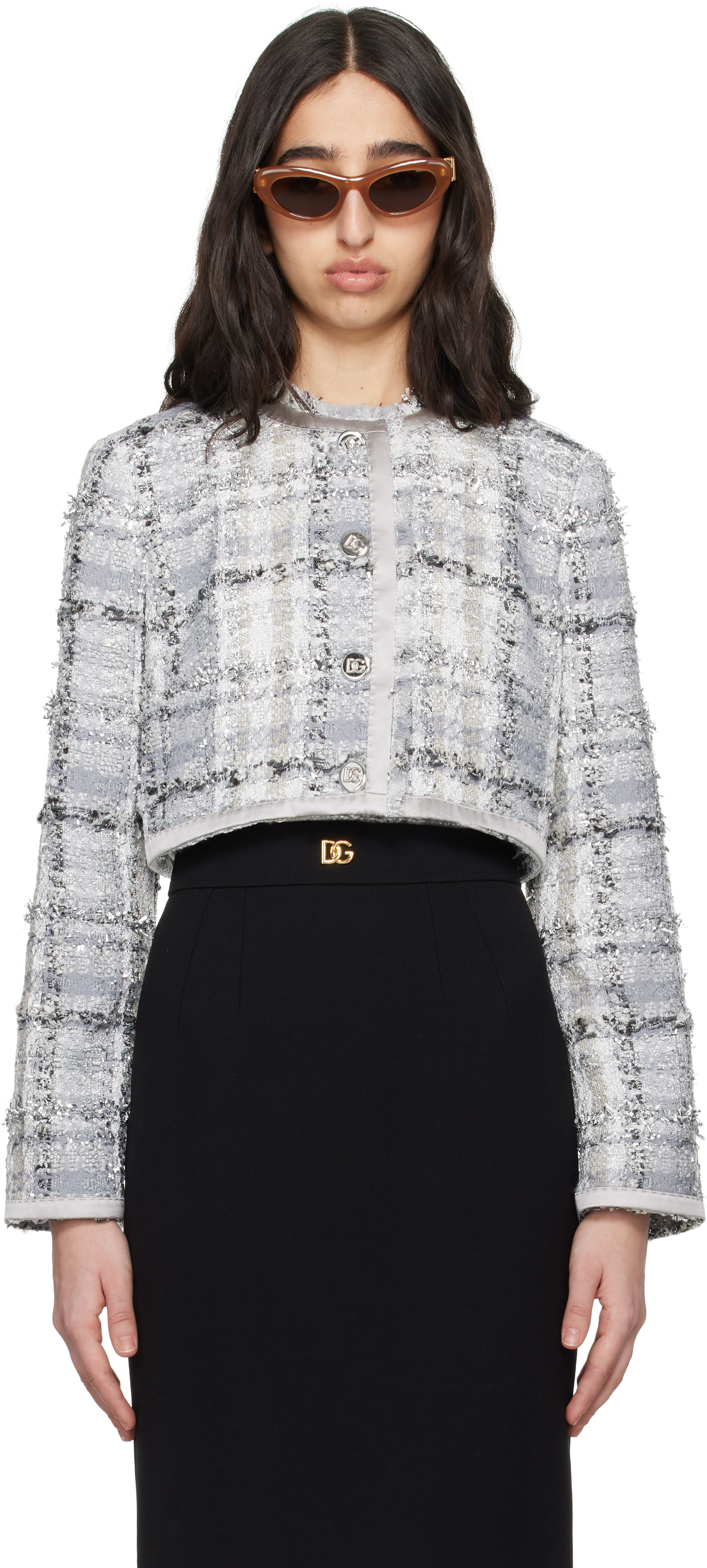 【DOLCE&GABBANA】ラッセルウールツイード ショートジャケット Dolce&Gabbanaのグレー ショート チェック ルレックス ラッセル