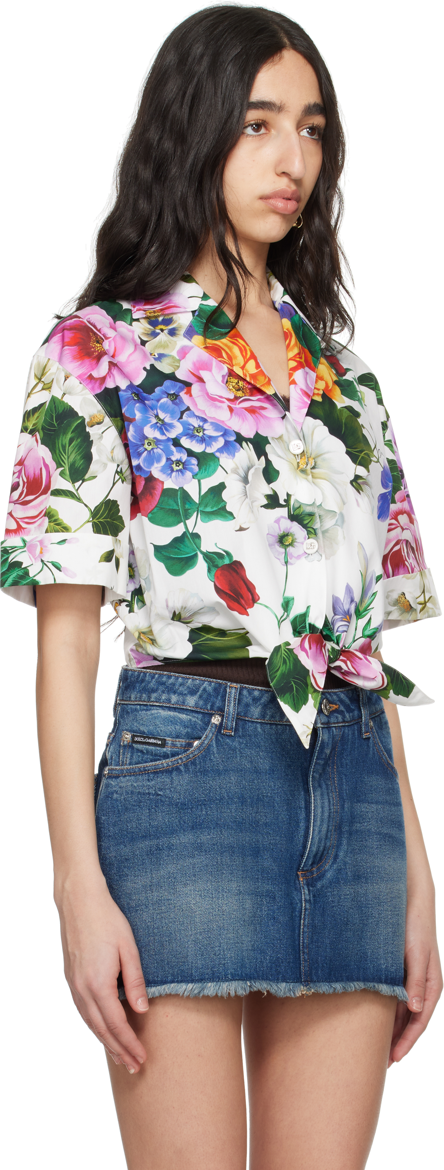 Dolce & Gabbana Multicolor Crop Shirt With All-over Floral Motif And Logo Lettering Detail On The Front In Cotton Wo In Ha5kt Mix Fiori Cret