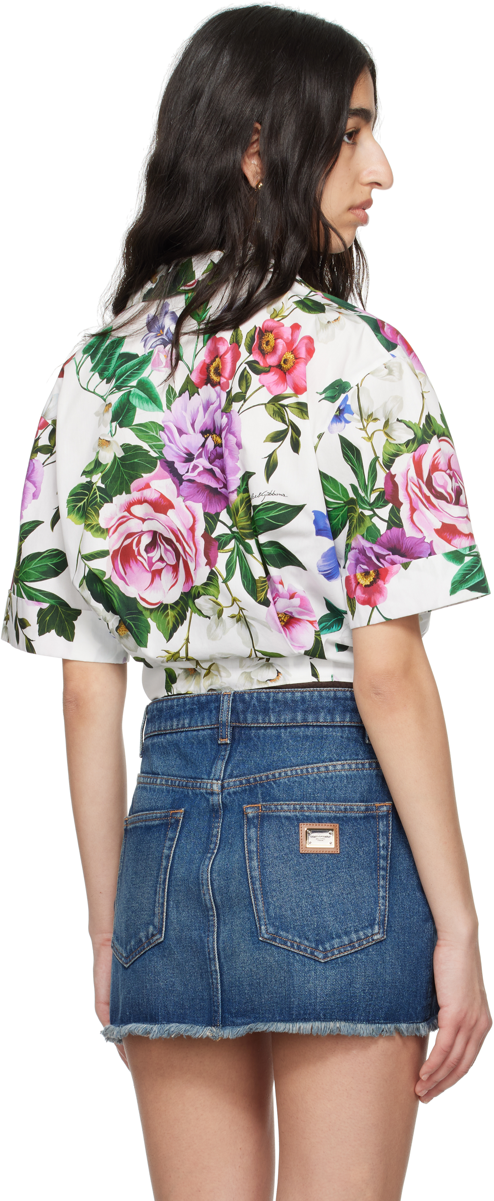 Dolce & Gabbana Multicolor Crop Shirt With All-over Floral Motif And Logo Lettering Detail On The Front In Cotton Wo In Ha5kt Mix Fiori Cret