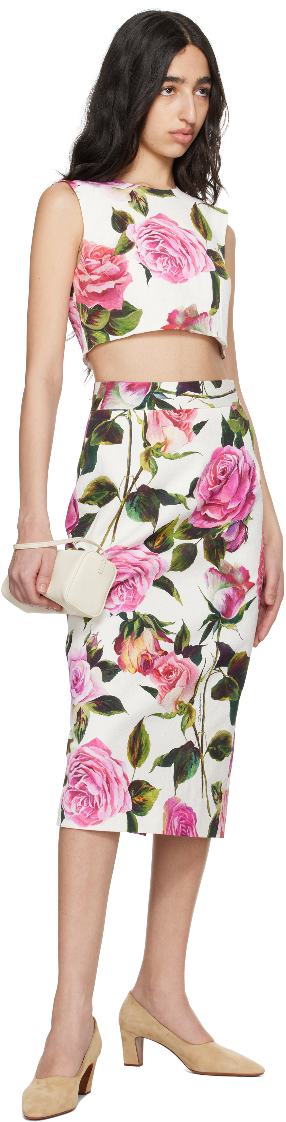 Multicolor Rose-Print Cotton Jacquard Crop Top